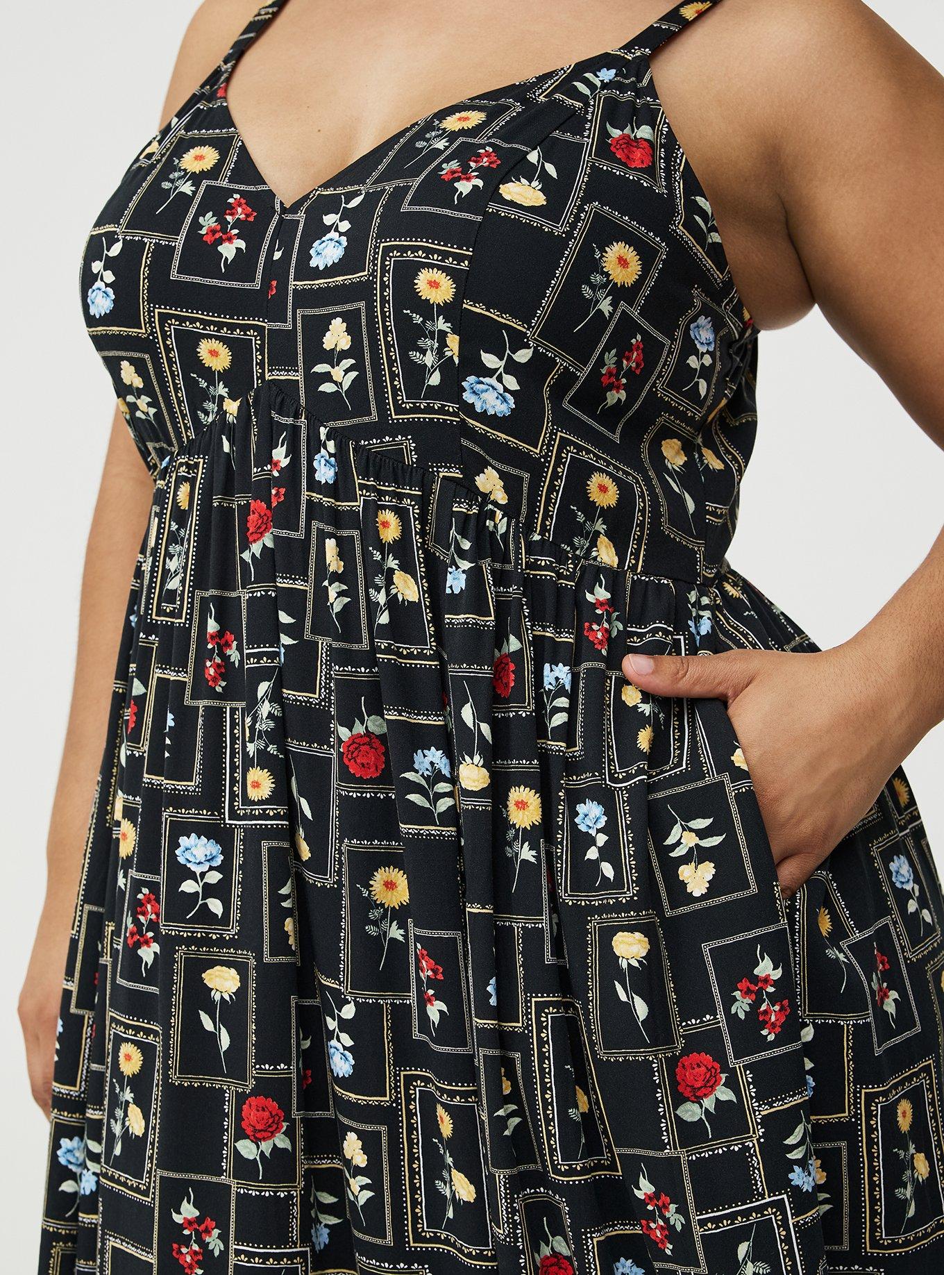 V-Neck Tea Length Dress, FRAMED BOTANICS BLACK, alternate