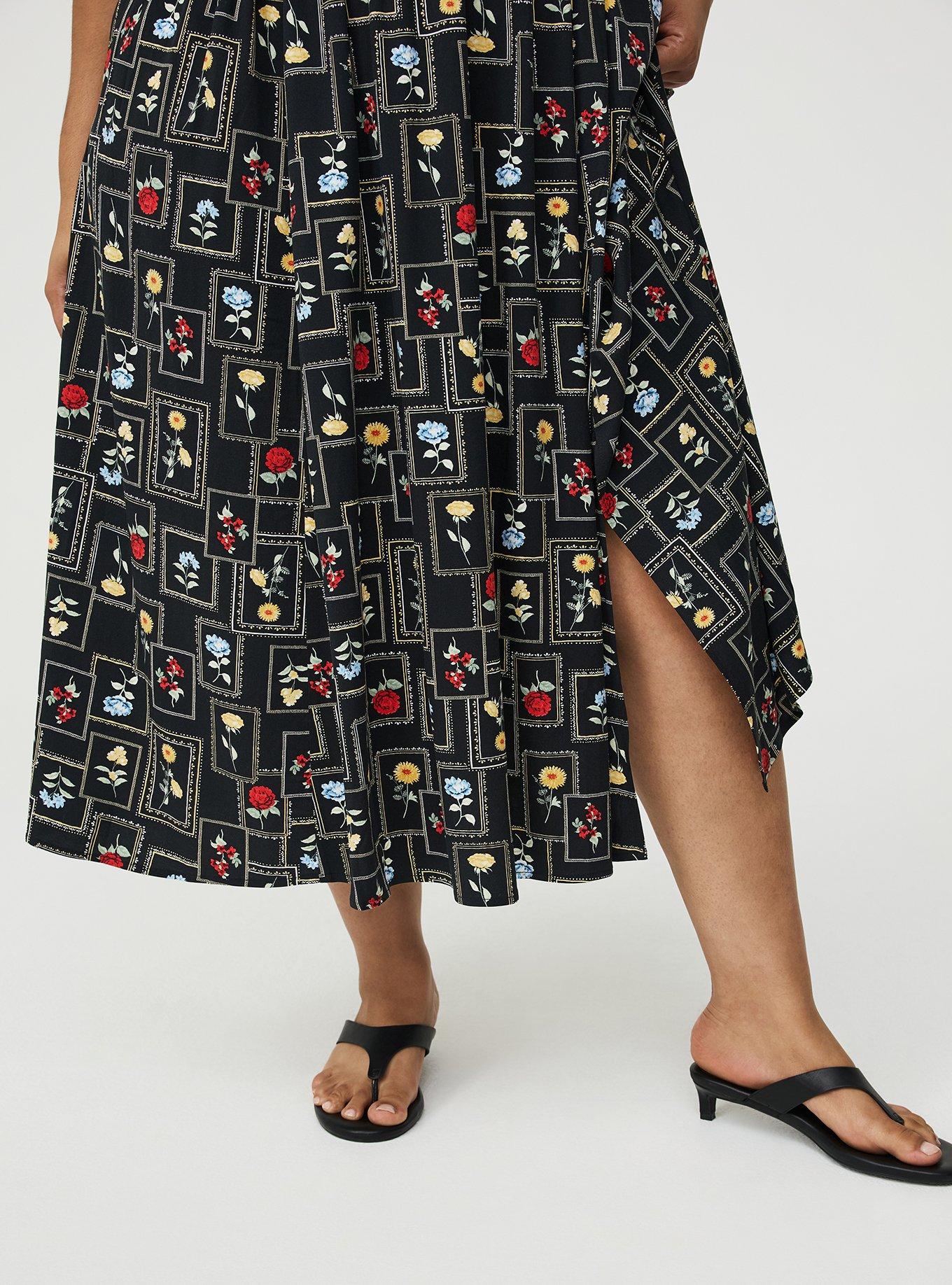 V-Neck Tea Length Dress, FRAMED BOTANICS BLACK, alternate