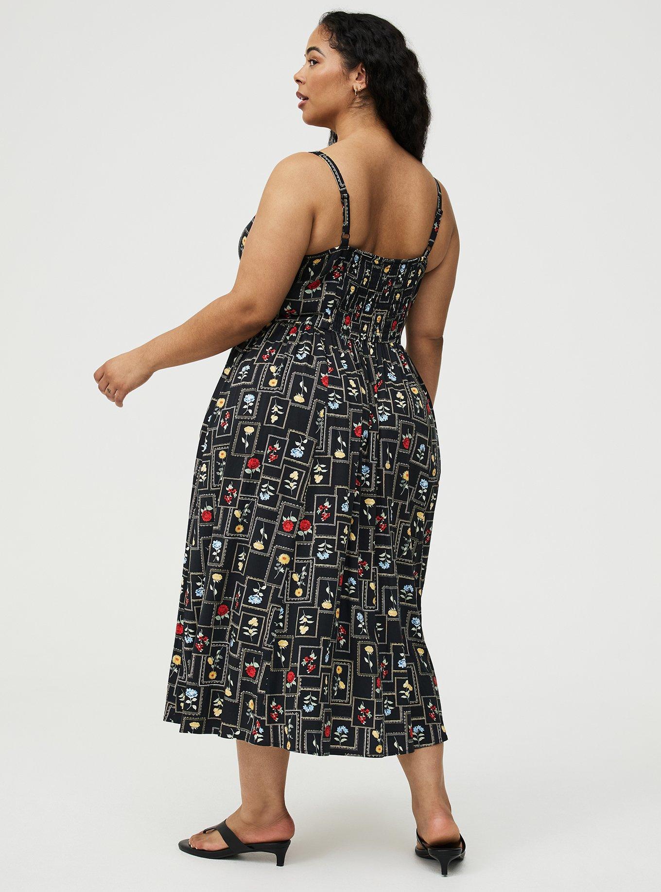 V-Neck Tea Length Dress, FRAMED BOTANICS BLACK, alternate