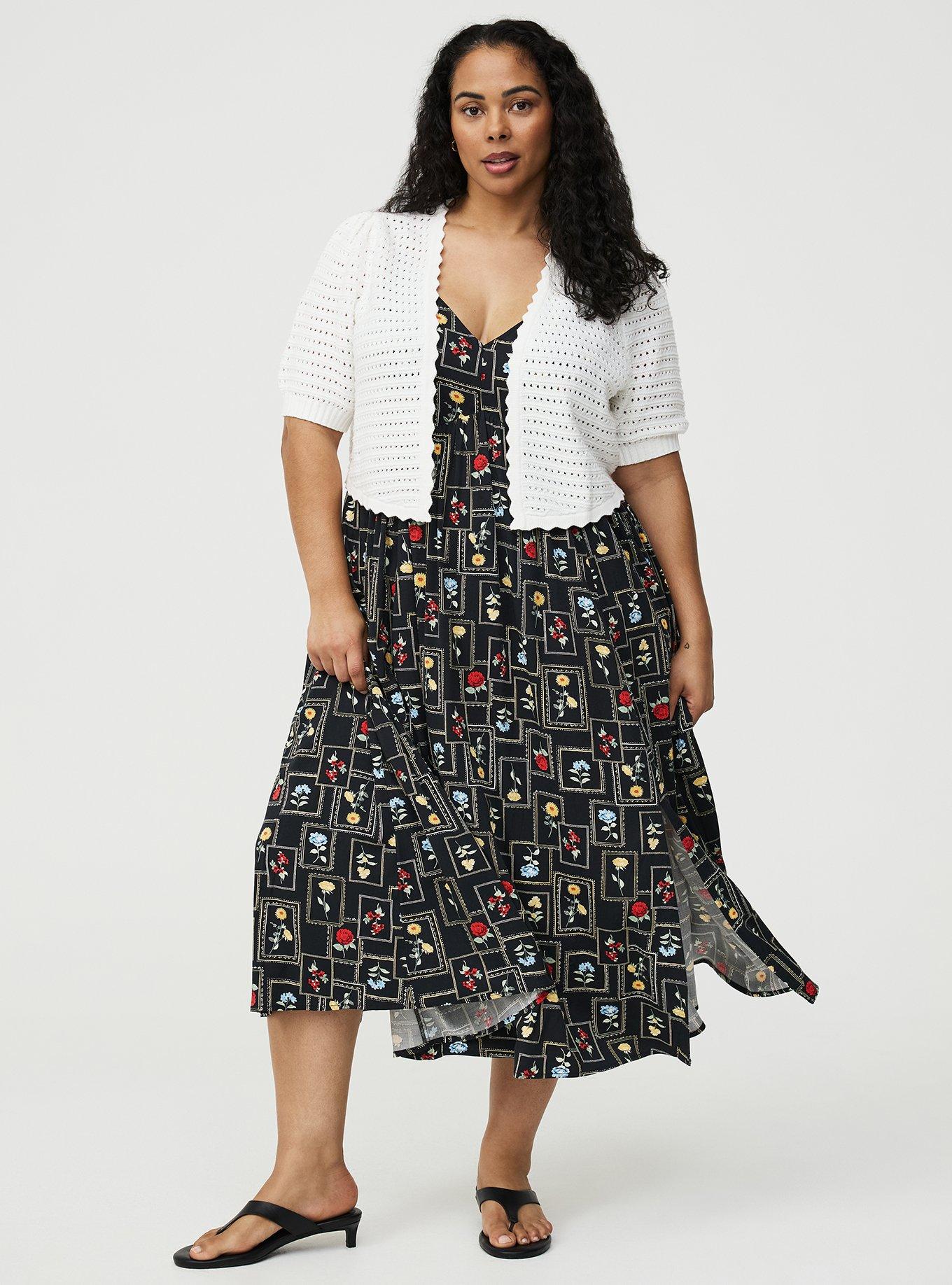 V-Neck Tea Length Dress, FRAMED BOTANICS BLACK, alternate