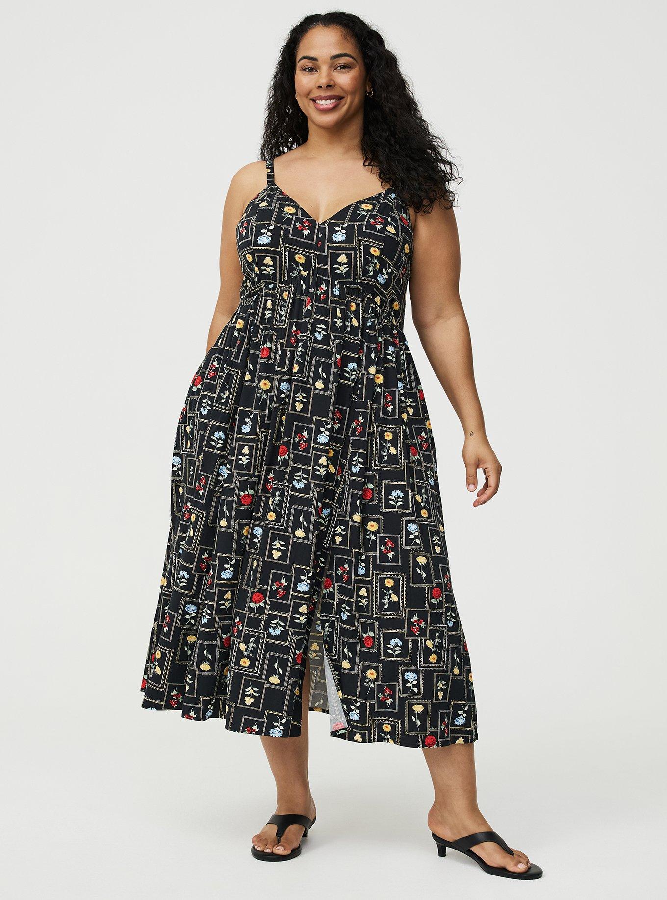 V-Neck Tea Length Dress, FRAMED BOTANICS BLACK, hi-res