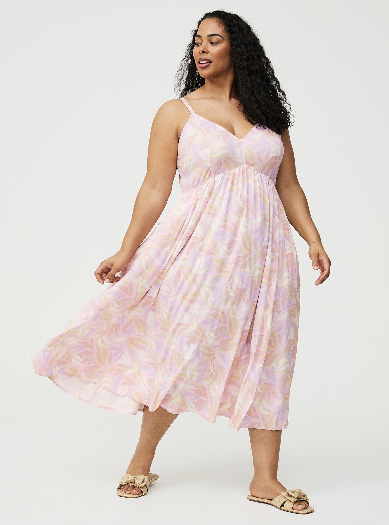 V-Neck Tea Length Dress, SWAYING LEAVES MULTI, hi-res