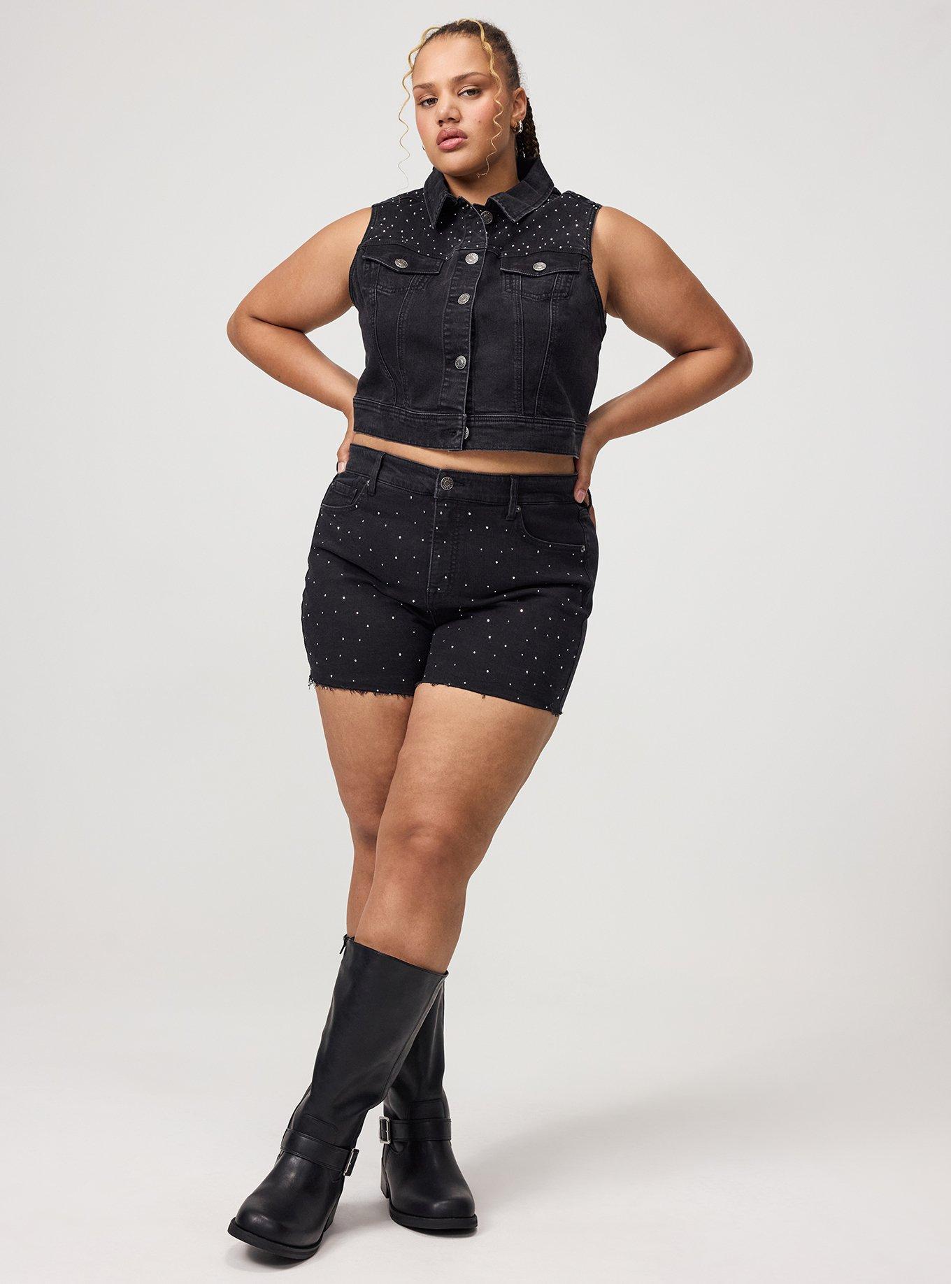 Rhinestone Denim Crop Vest, VINTAGE BLACK, alternate