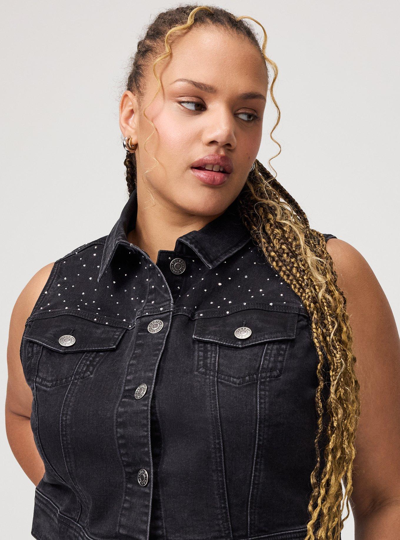 Rhinestone Denim Crop Vest, VINTAGE BLACK, alternate