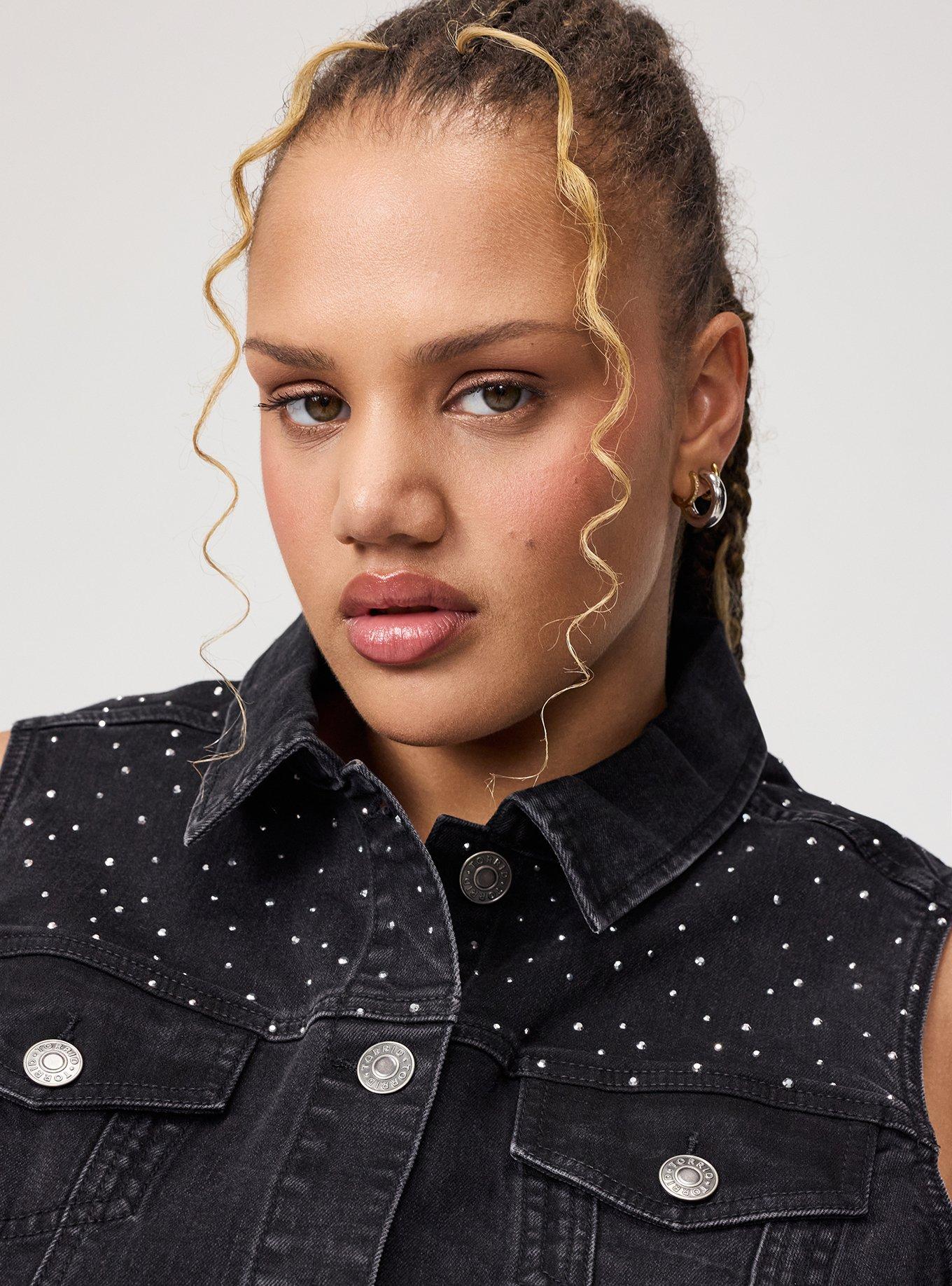 Rhinestone Denim Crop Vest, VINTAGE BLACK, alternate