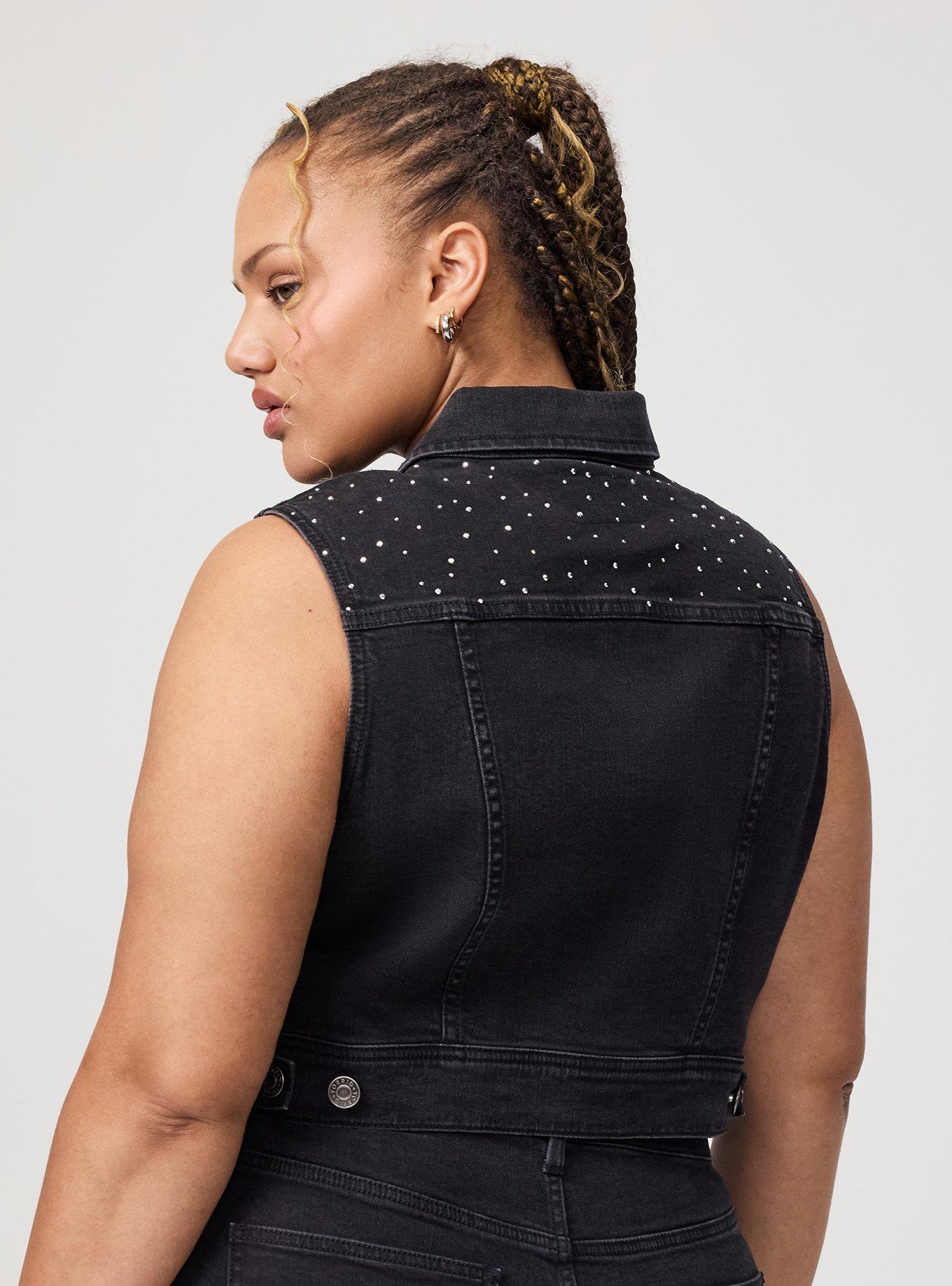 Rhinestone Denim Crop Vest, VINTAGE BLACK, alternate