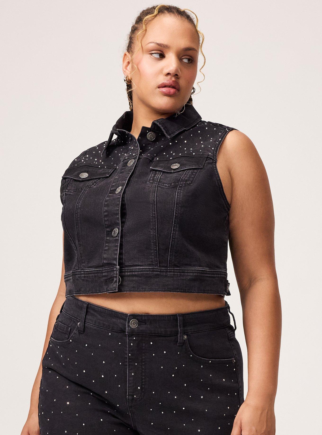 Rhinestone Denim Crop Vest, VINTAGE BLACK, alternate