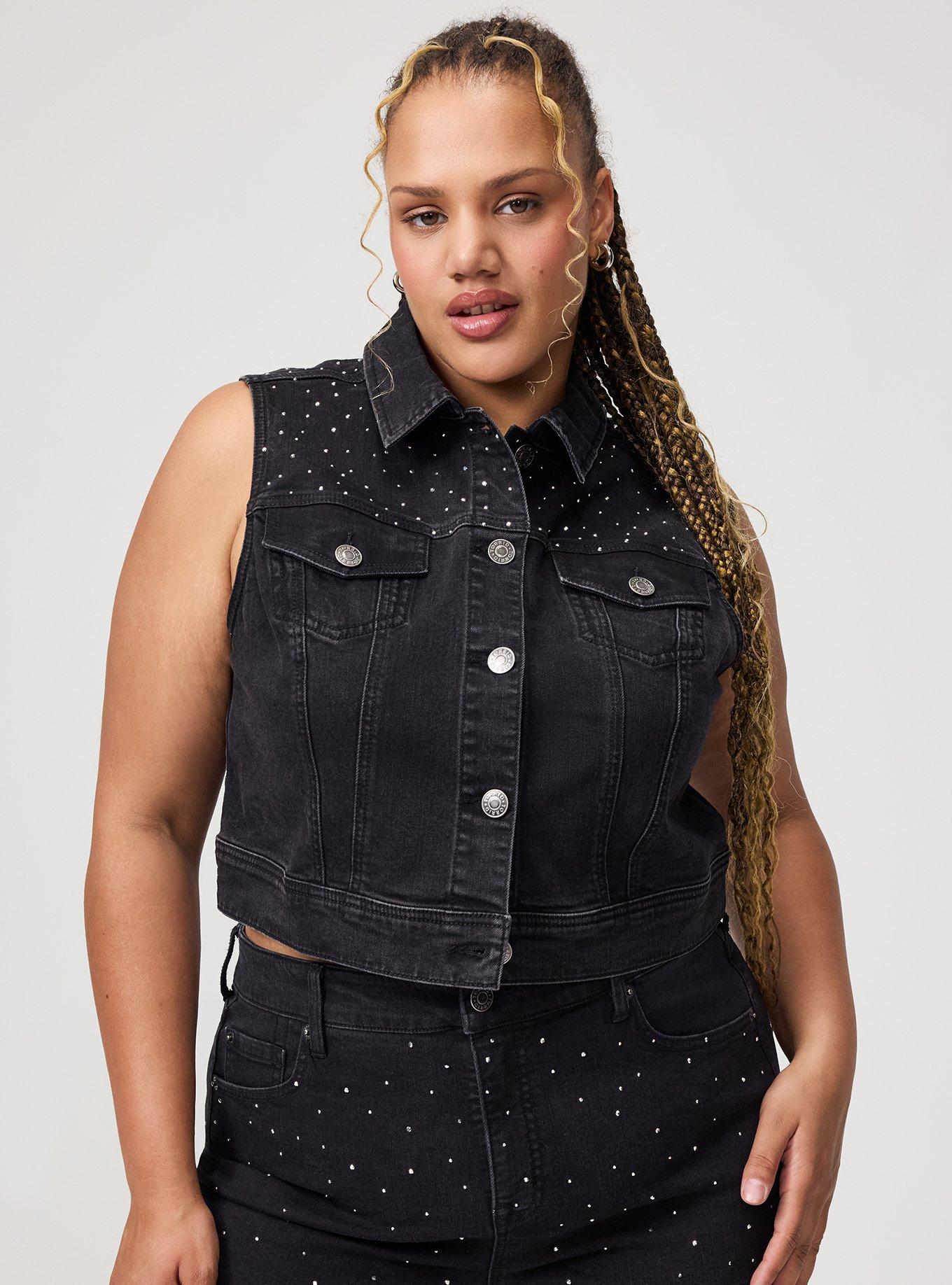 Plus Size - Rhinestone Denim Crop Vest - Torrid
