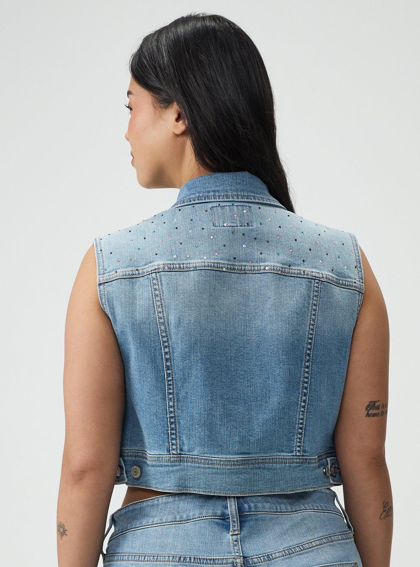 Plus Size - Rhinestone Denim Crop Vest - Torrid