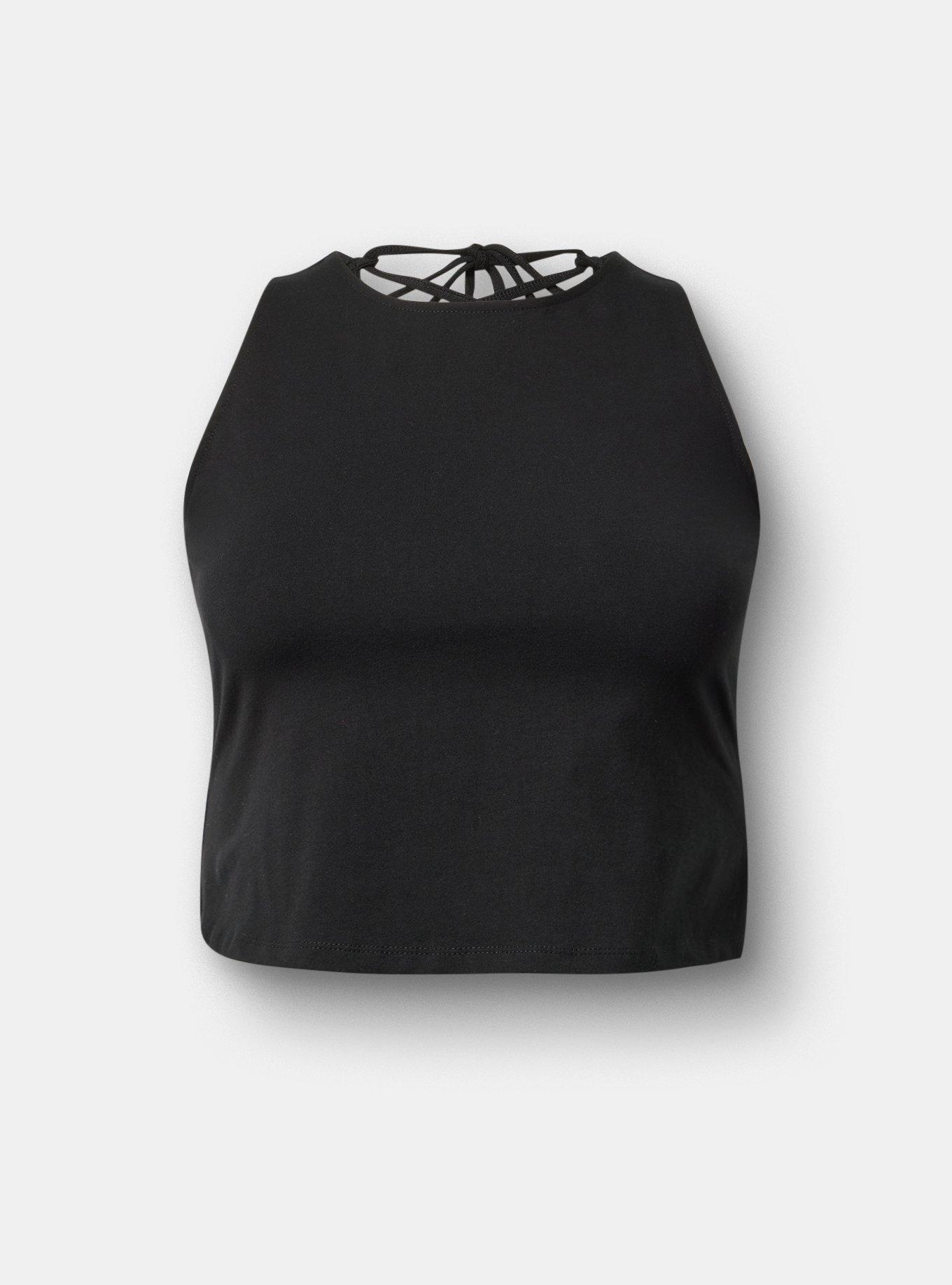 Plus Size Foxy High Neck Lace-Up Tank, DEEP BLACK, flat