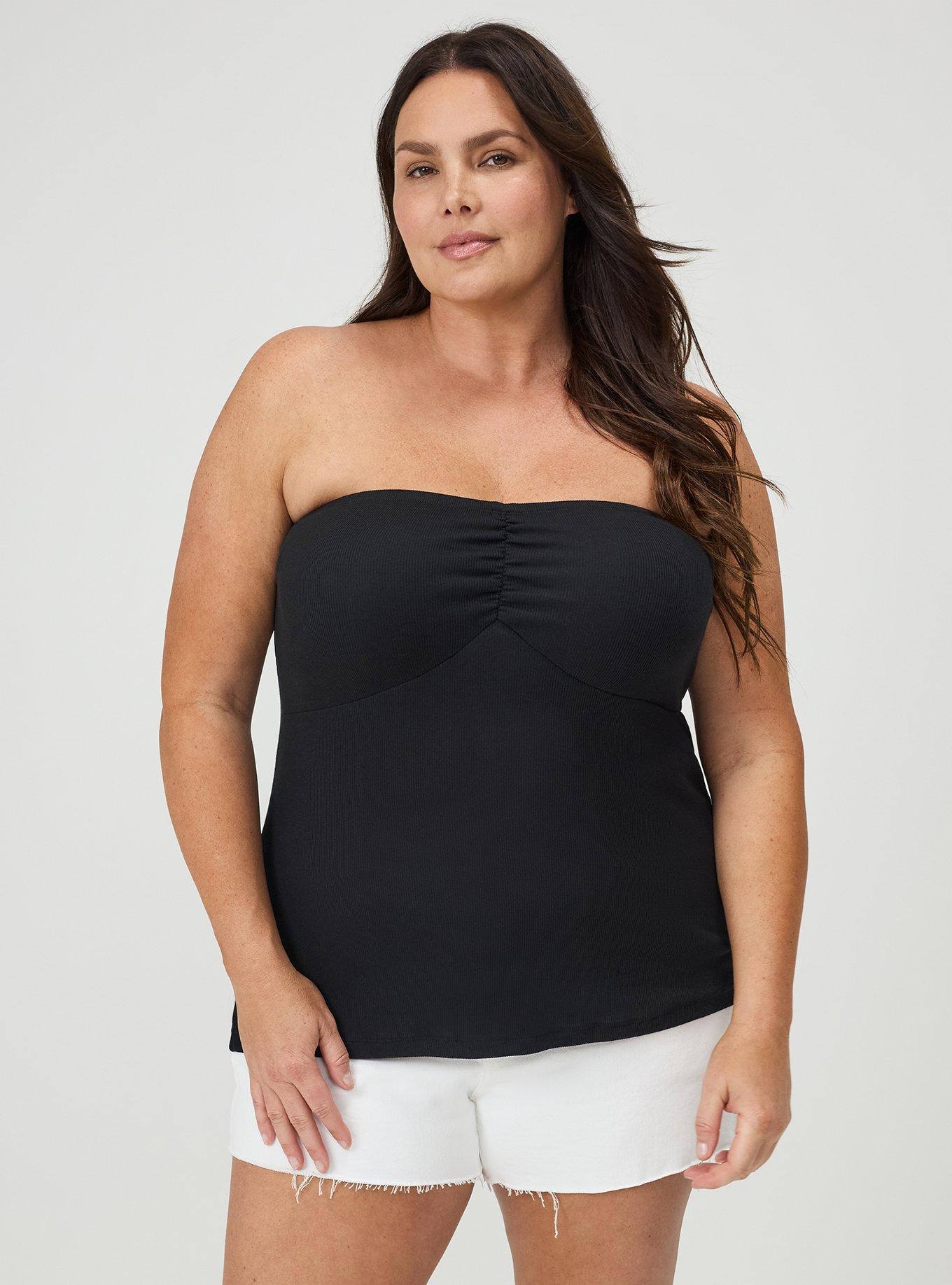 Plus Size Cotton Modal Rib Cinch Front Tube Top, DEEP BLACK, hi-res