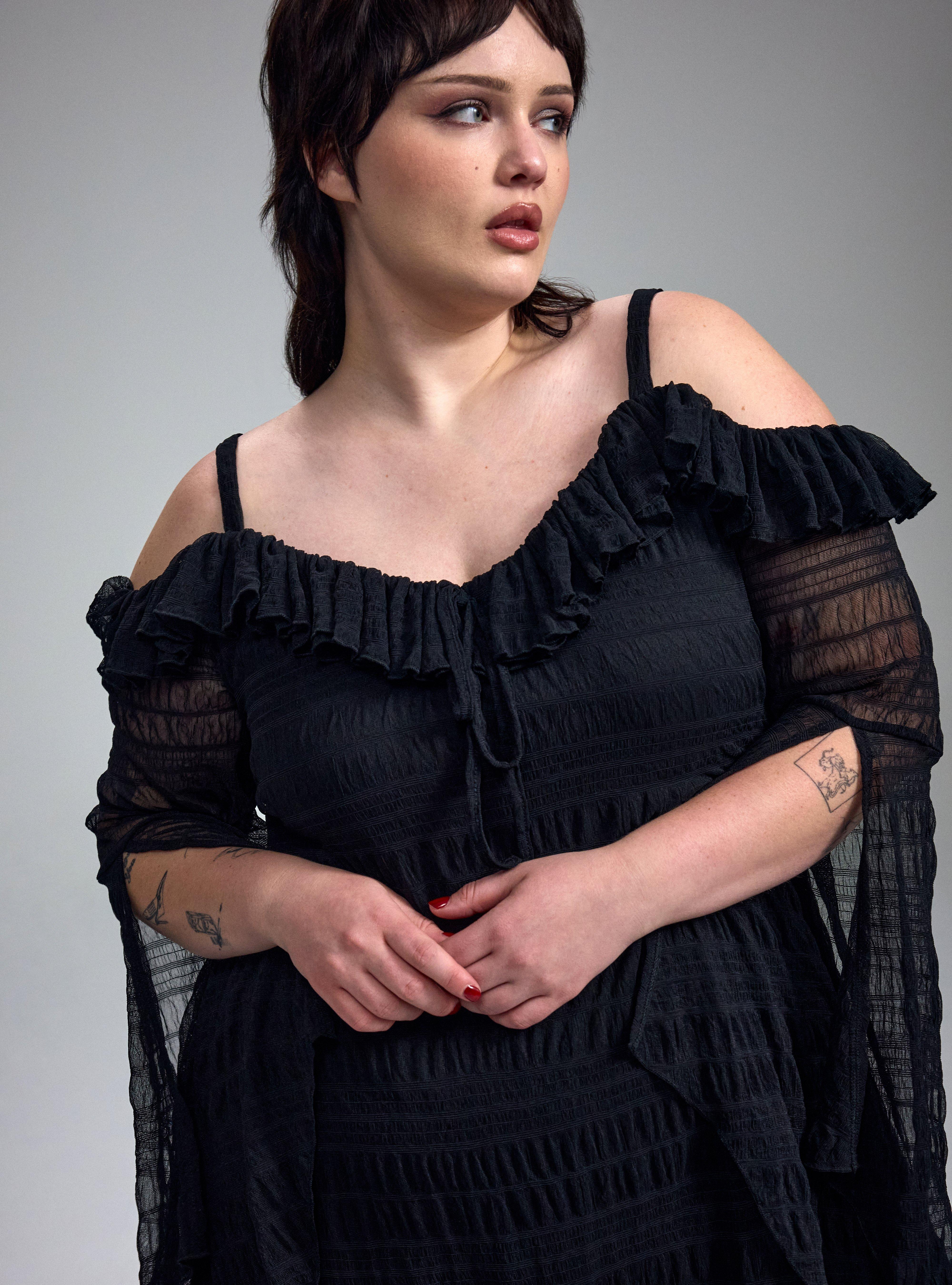 Nightfall Shoulder Ruffle Mini Dress, DEEP BLACK, alternate