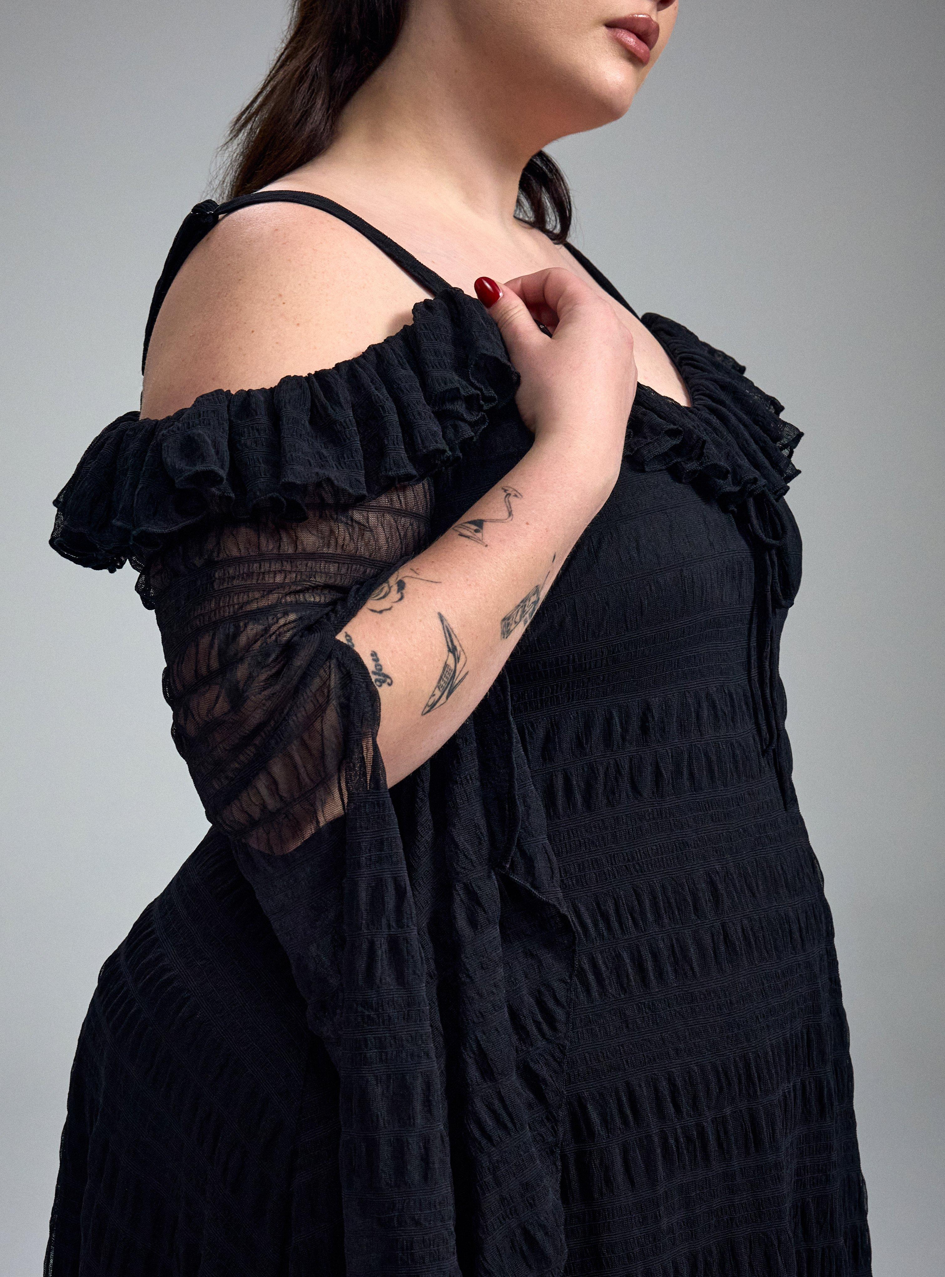 Nightfall Shoulder Ruffle Mini Dress, DEEP BLACK, alternate