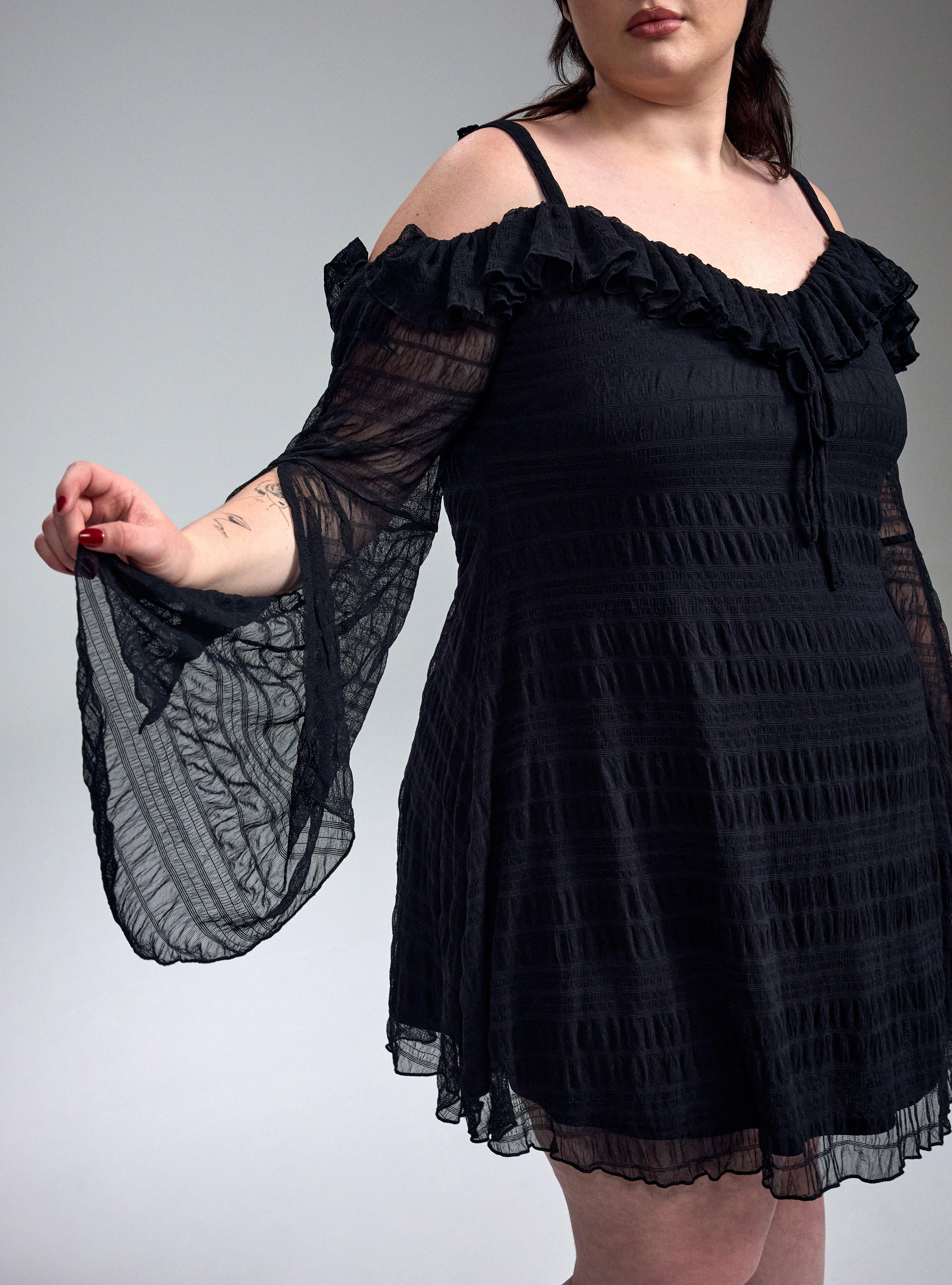 Nightfall Shoulder Ruffle Mini Dress, DEEP BLACK, alternate