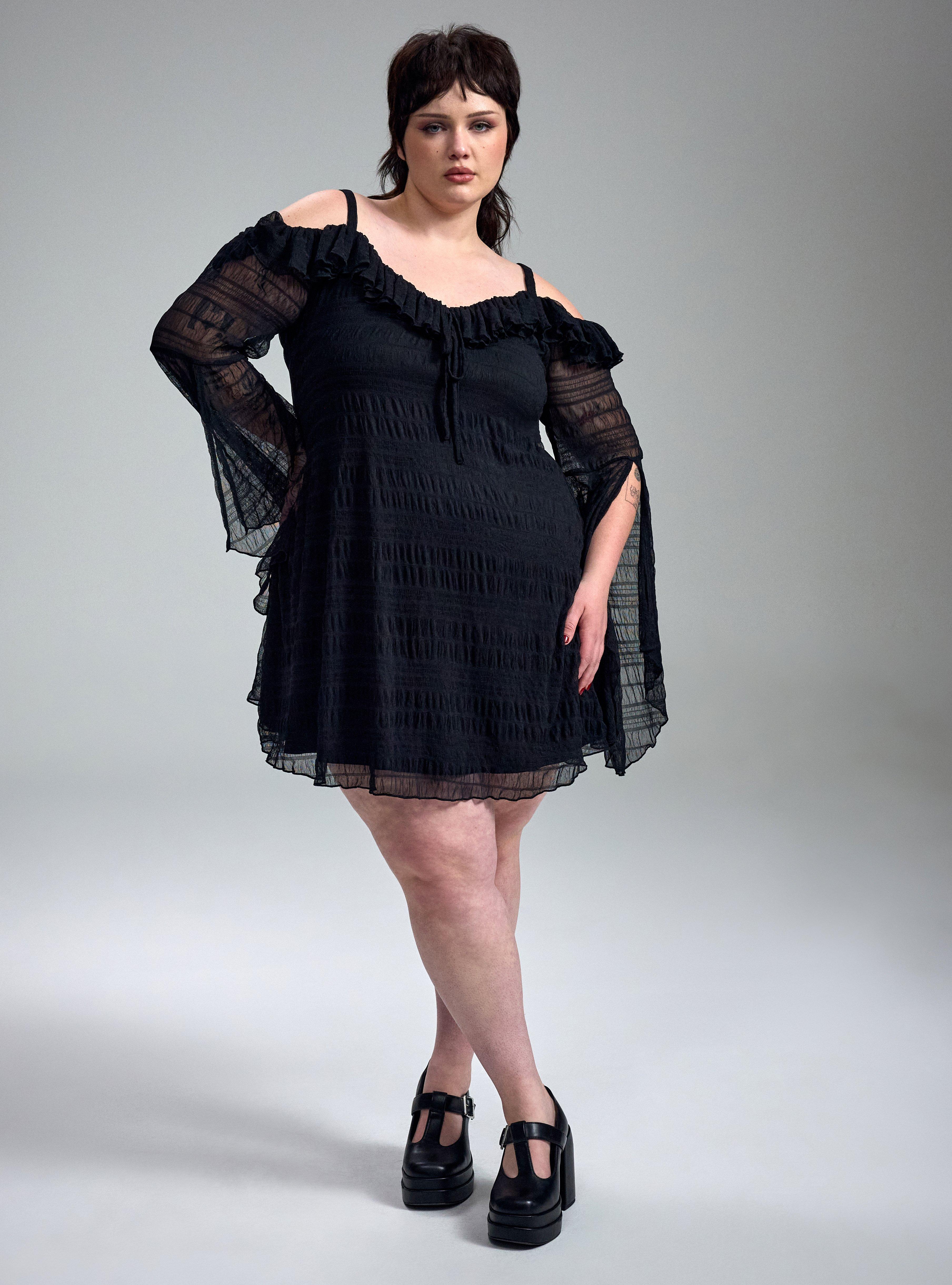 Nightfall Shoulder Ruffle Mini Dress, DEEP BLACK, hi-res