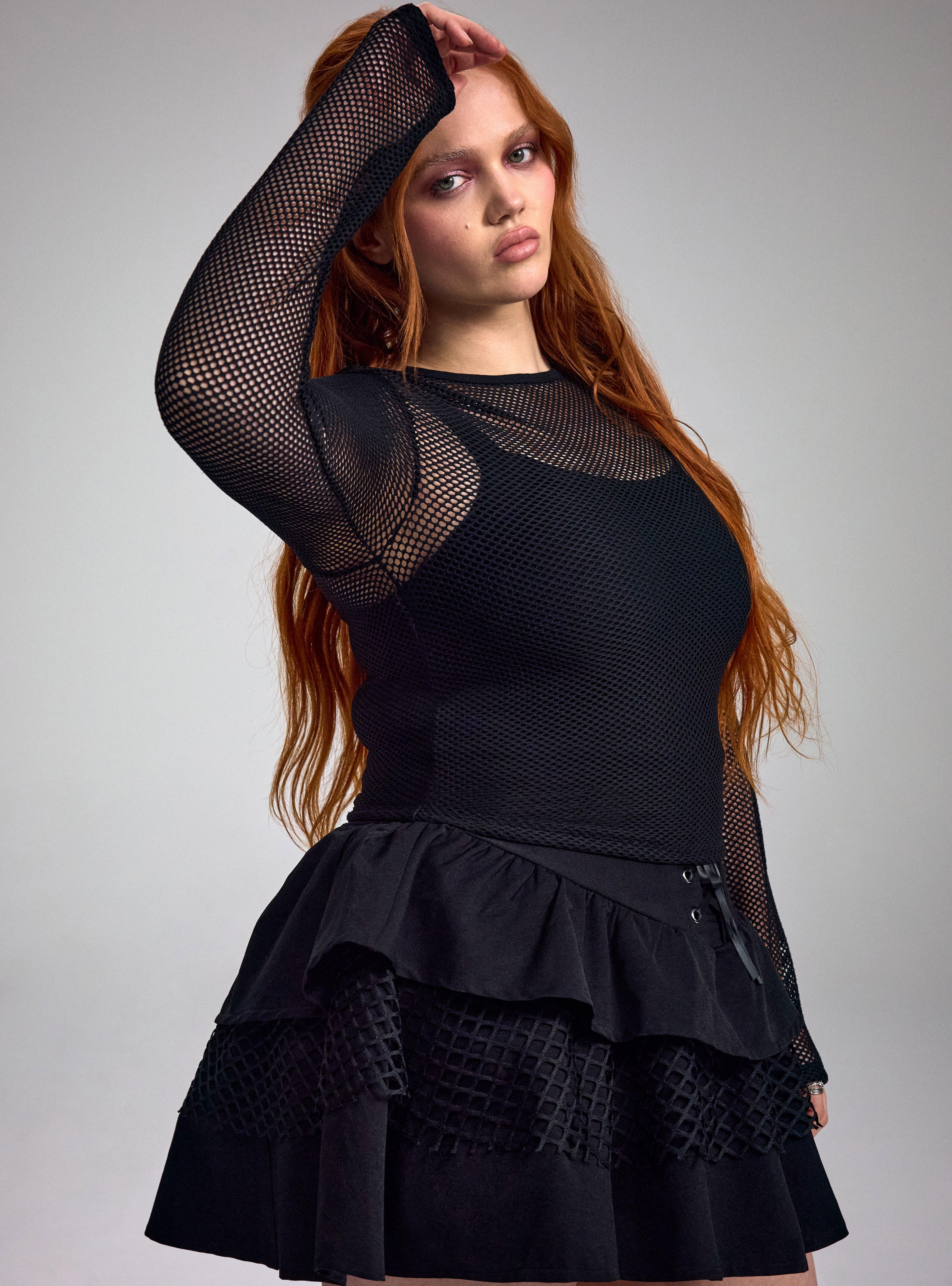 Nightfall Long Sleeve Fishnet Crop Top, DEEP BLACK, alternate