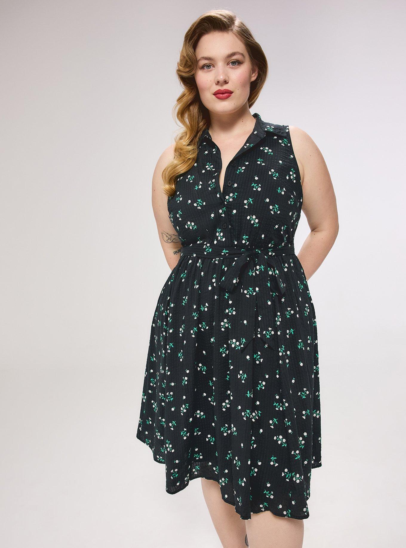 Retro Chic Collared Button Front Midi Dress, CORALINE FLORAL BLACK, hi-res