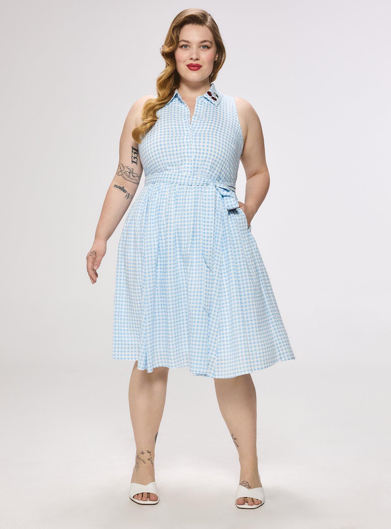 Plus Size Retro Chic Collared Knee Length Dress, DEAREST GINGHAM BLUE, alternate