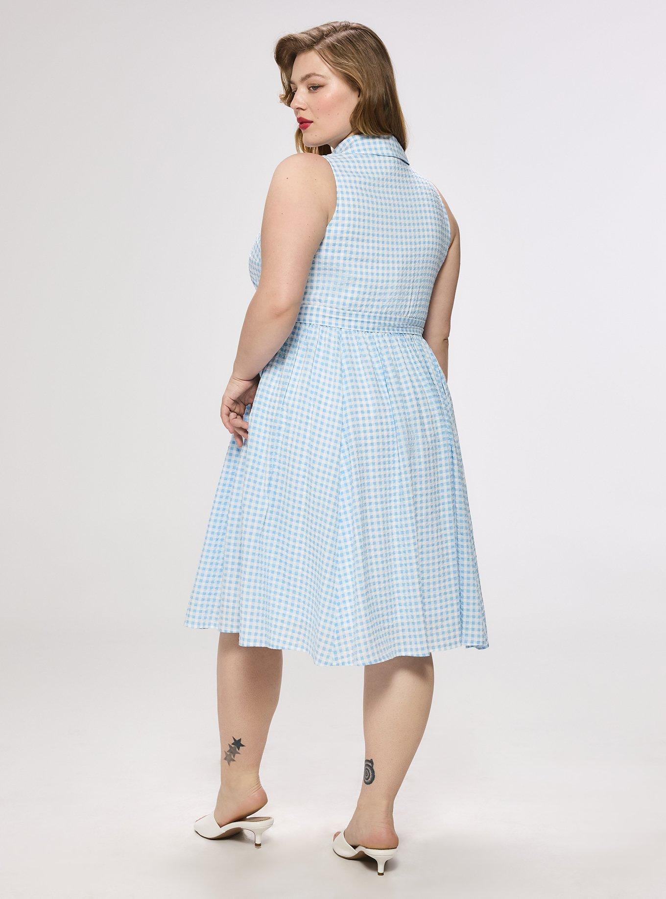 Plus Size Retro Chic Collared Knee Length Dress, DEAREST GINGHAM BLUE, alternate