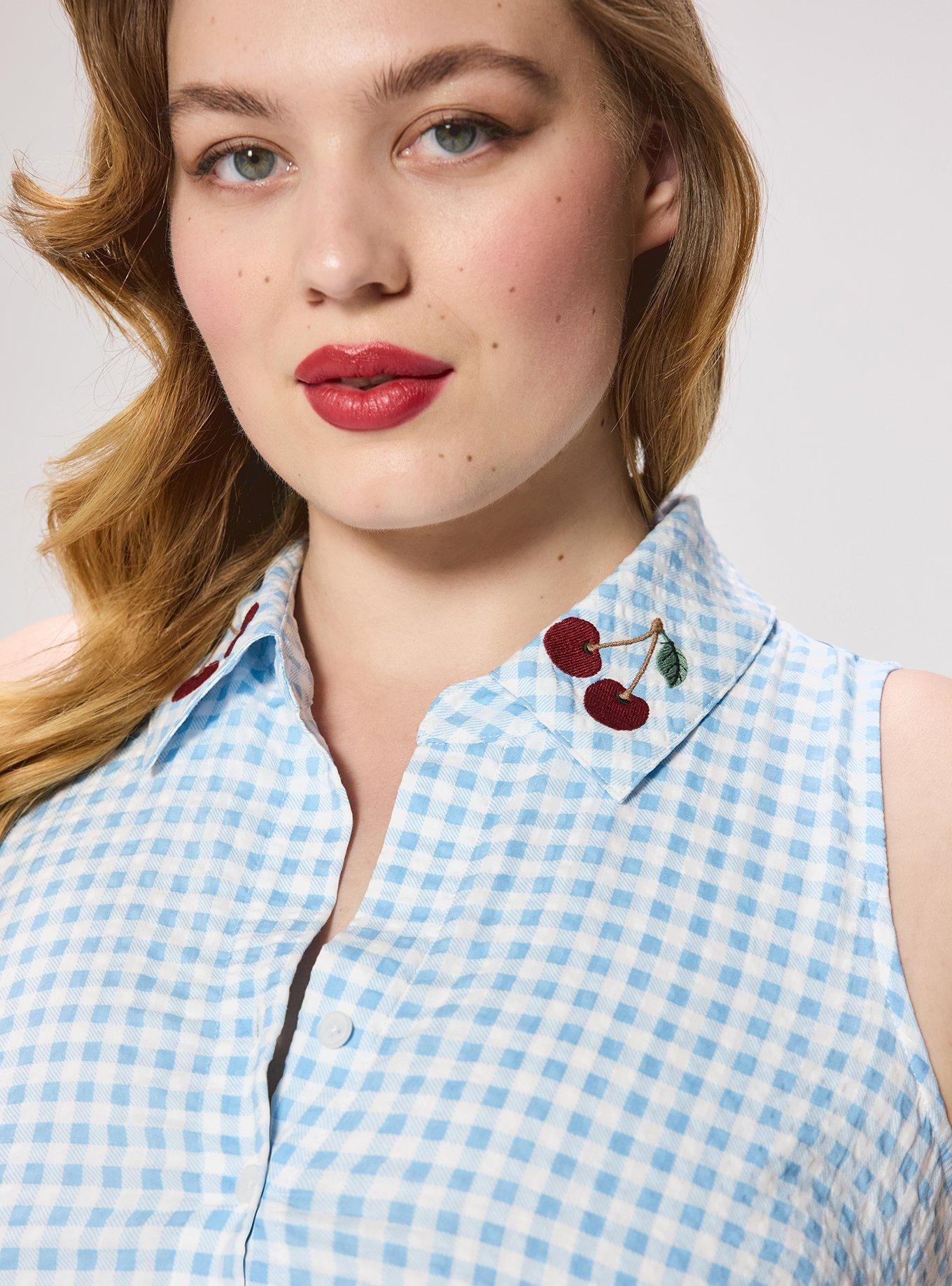 Plus Size Retro Chic Collared Knee Length Dress, DEAREST GINGHAM BLUE, alternate