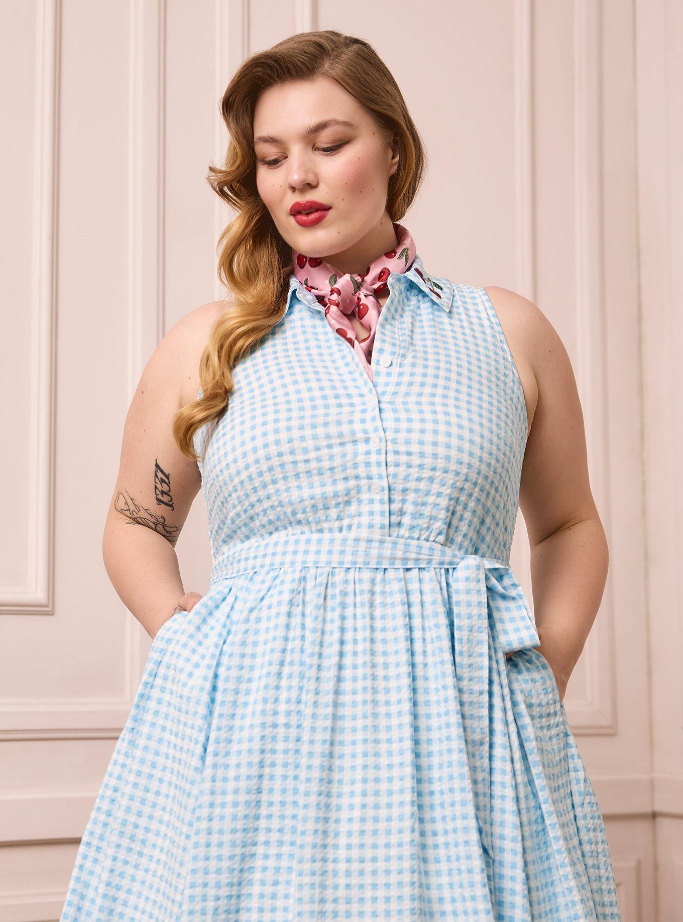 Plus Size Retro Chic Collared Knee Length Dress, DEAREST GINGHAM BLUE, alternate