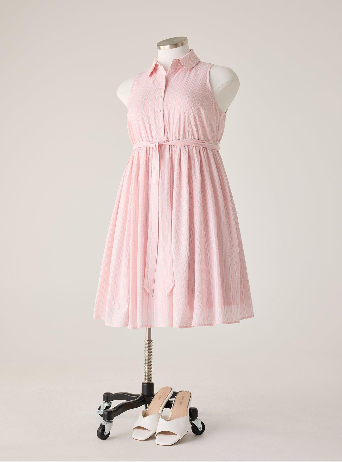 Plus Size Retro Chic Collared Knee Length Dress, LENNY STRIPE PINK ALMOND BLOSSOM, flat