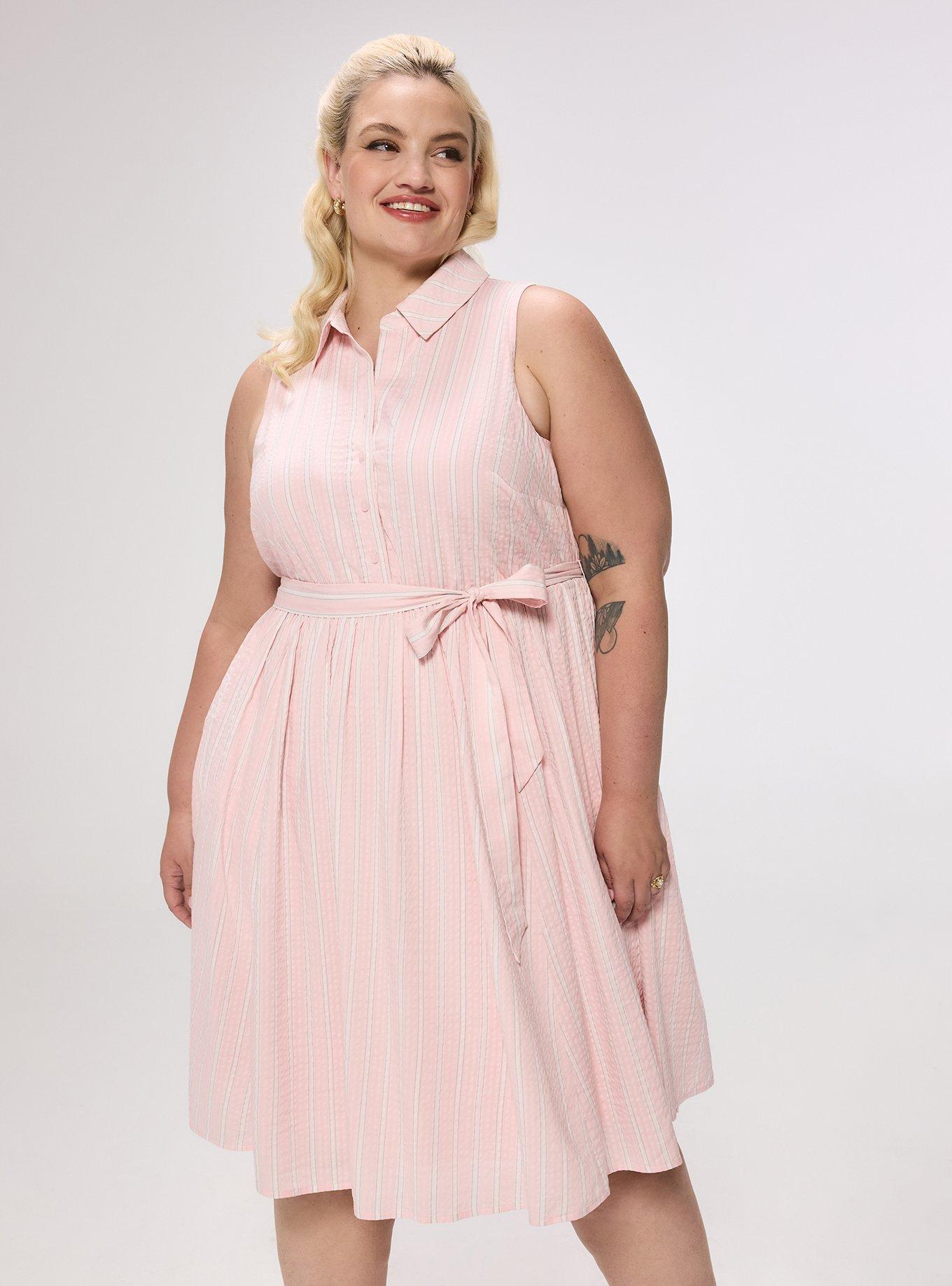Retro Chic Collared Button Front Midi Dress, LENNY STRIPE PINK ALMOND BLOSSOM, hi-res