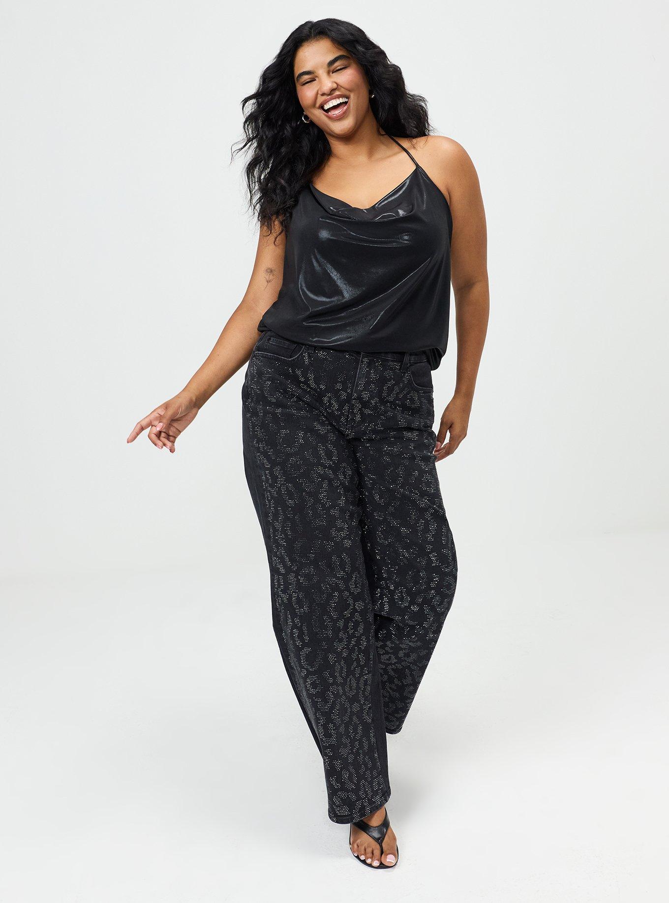 Plus Size Liquid Shine Deep Cowl Halter Top, DEEP BLACK, alternate