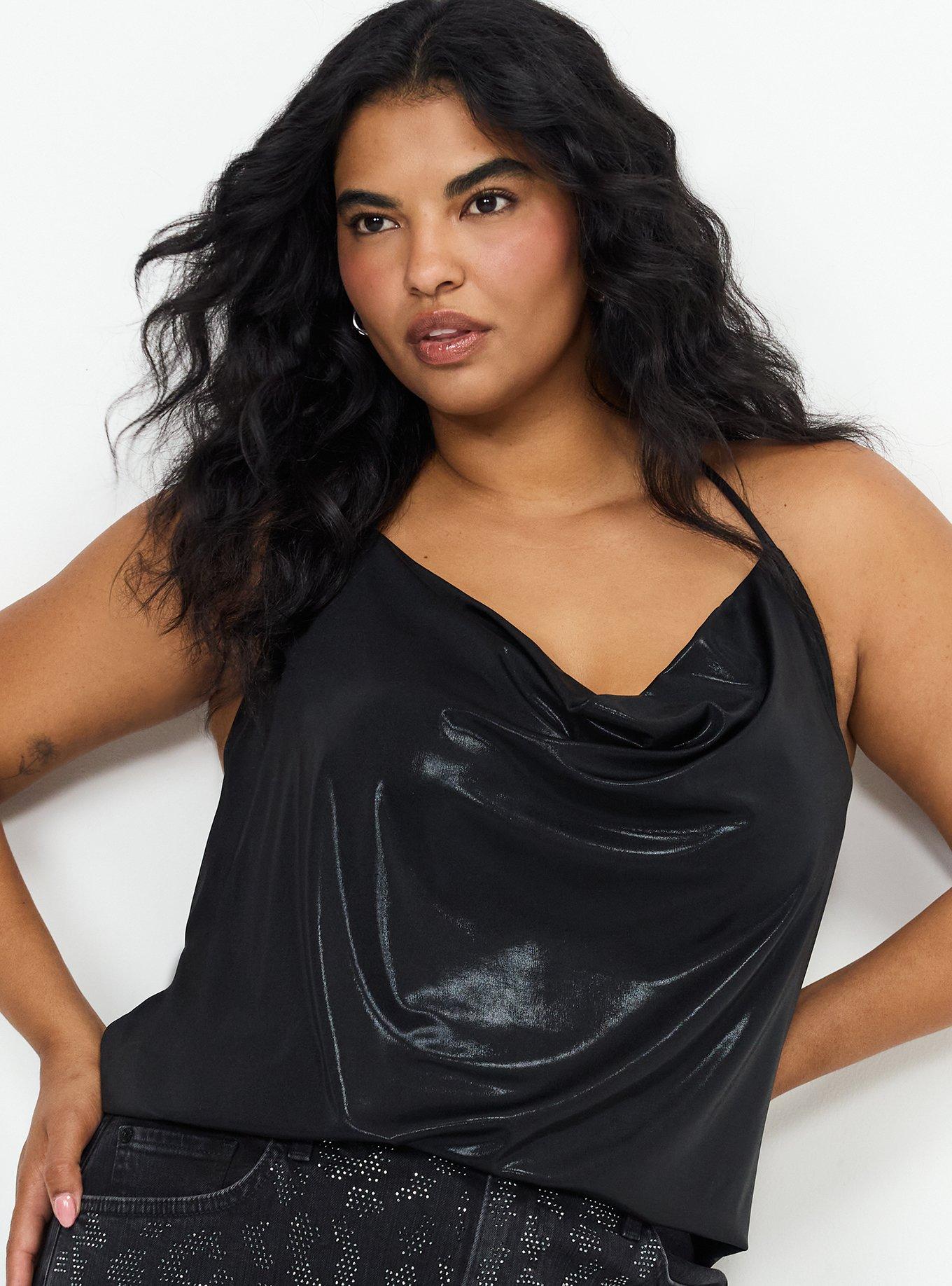 Plus Size Liquid Shine Deep Cowl Halter Top, DEEP BLACK, alternate