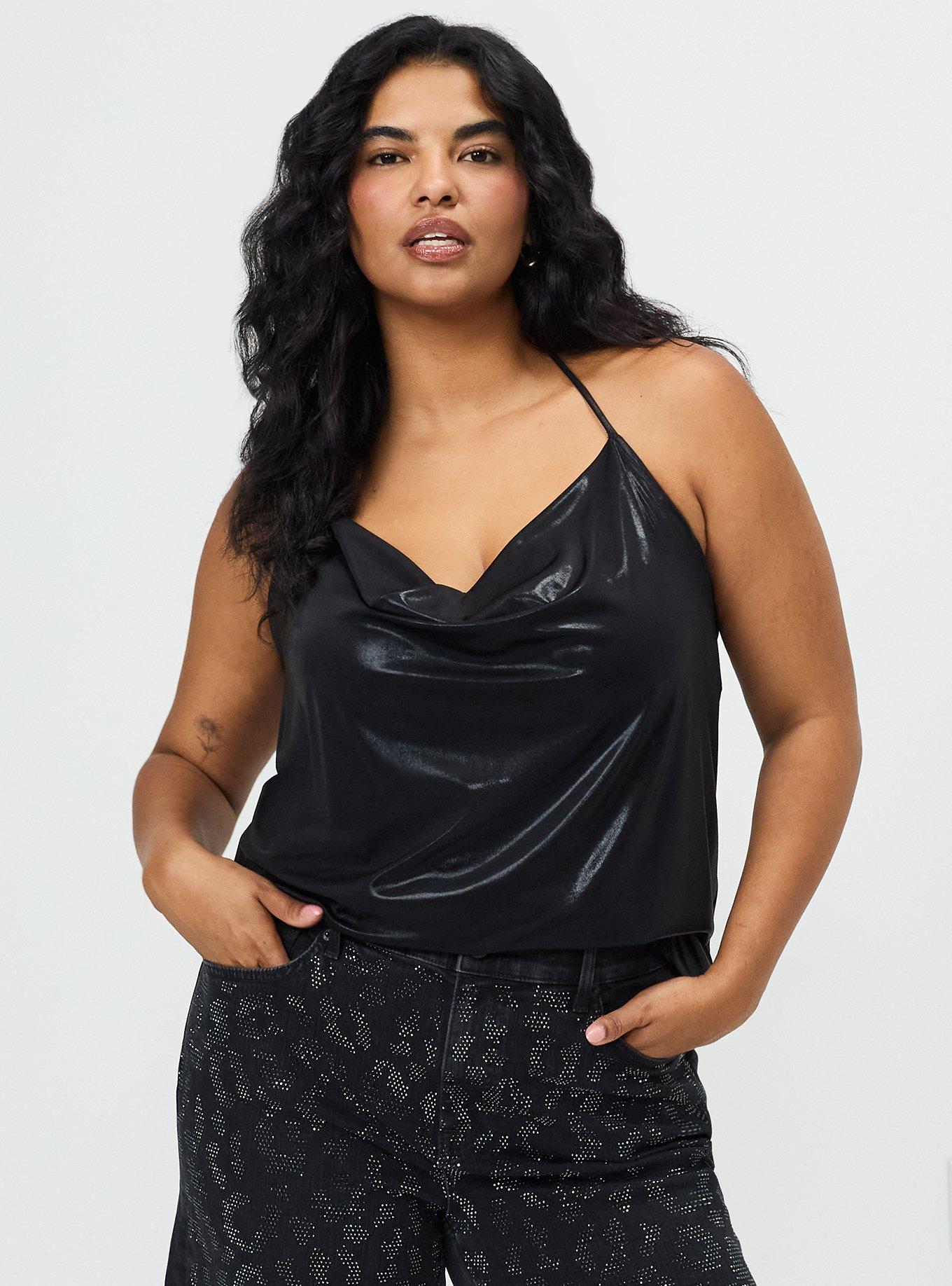 Plus Size Liquid Shine Deep Cowl Halter Top, DEEP BLACK, hi-res