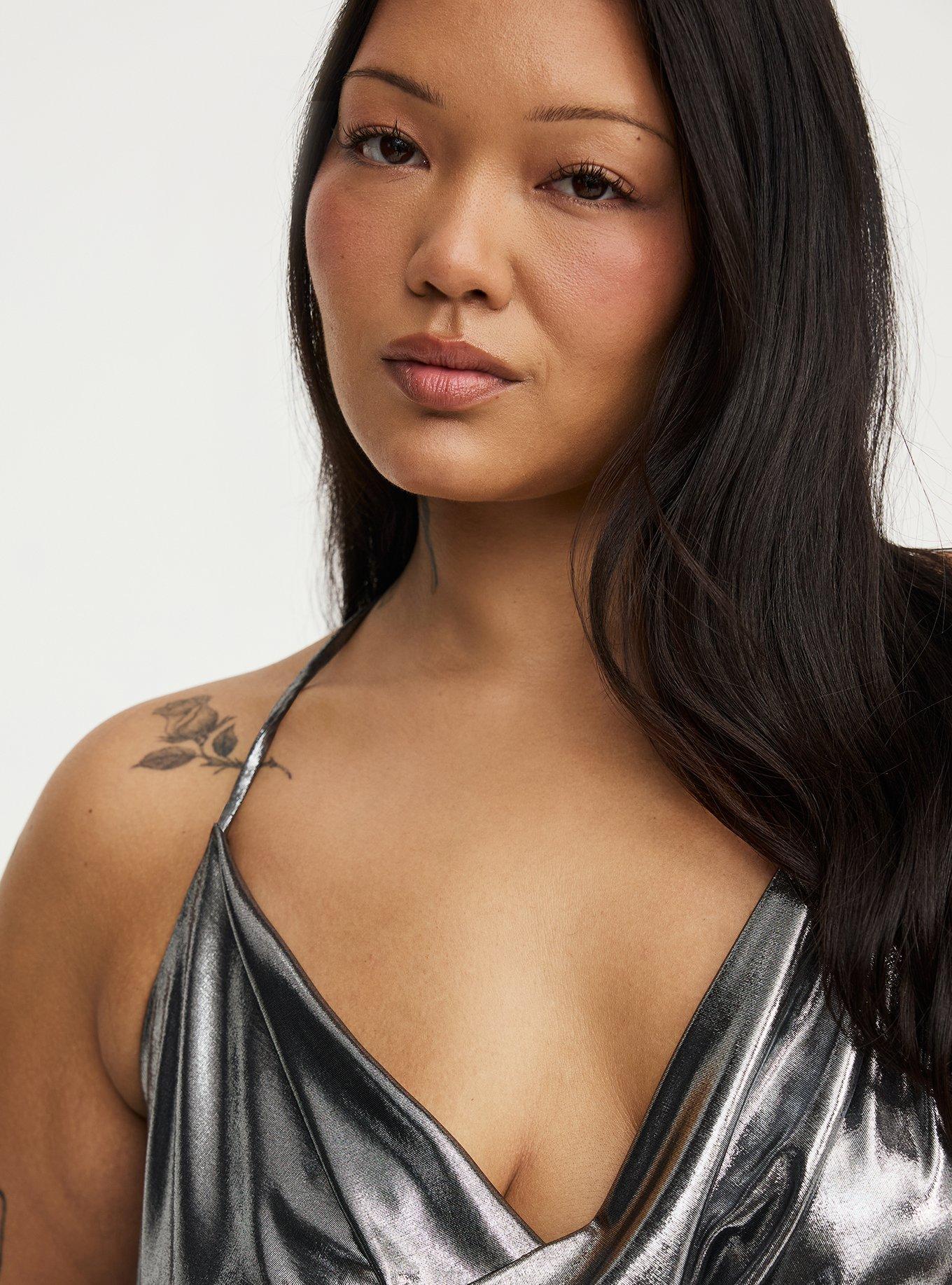 Liquid Shine Deep Cowl Halter Top, GUNMETAL SHINE, alternate