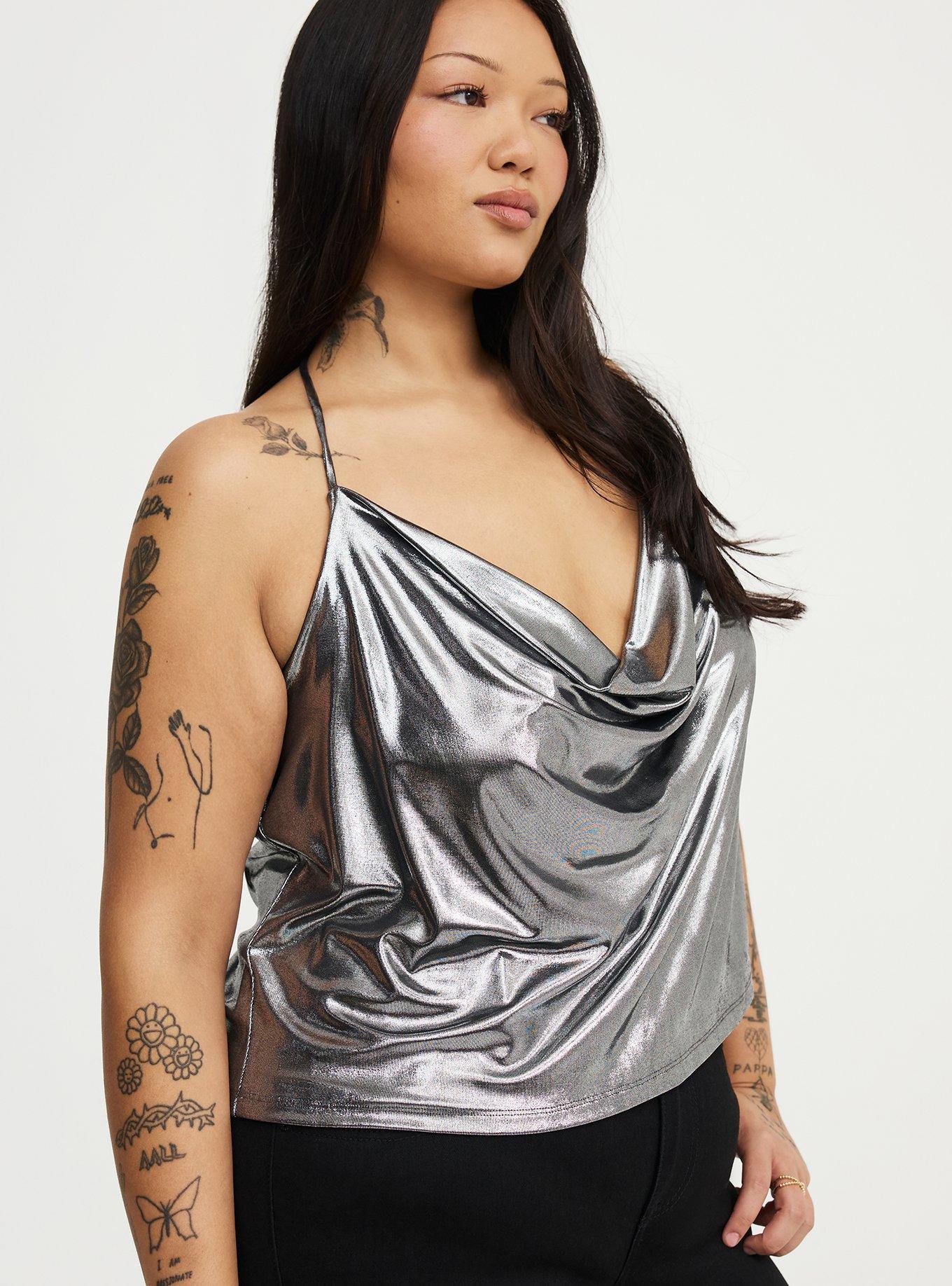 Liquid Shine Deep Cowl Halter Top, GUNMETAL SHINE, alternate