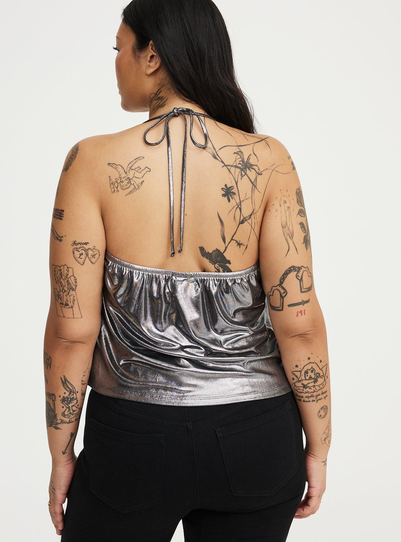 Liquid Shine Deep Cowl Halter Top, GUNMETAL SHINE, alternate