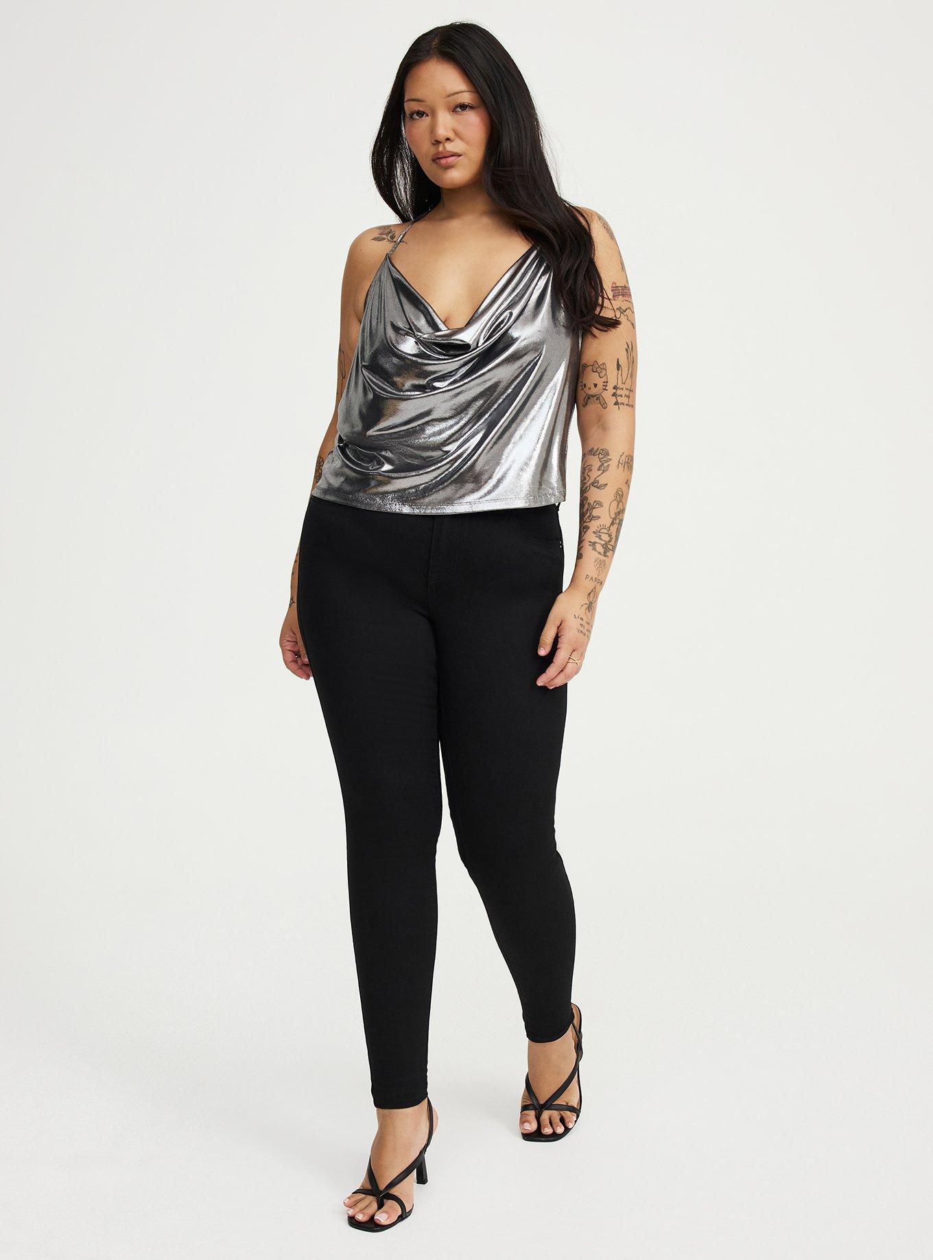 Liquid Shine Deep Cowl Halter Top, GUNMETAL SHINE, alternate