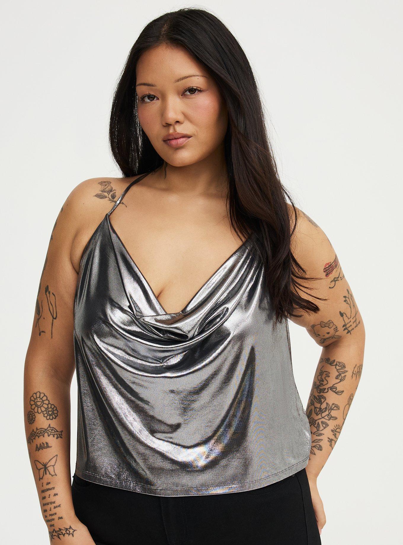 Liquid Shine Deep Cowl Halter Top, GUNMETAL SHINE, hi-res
