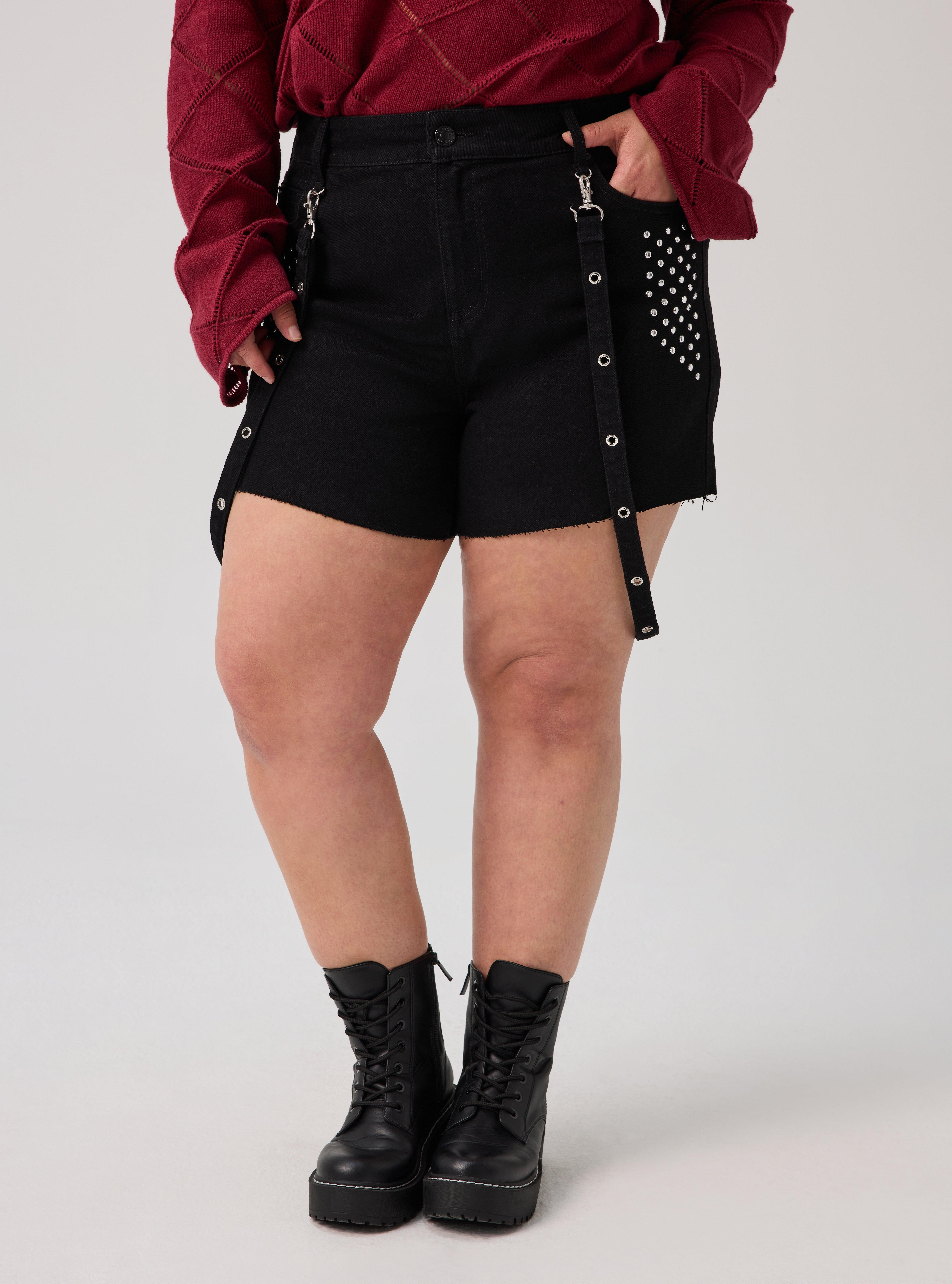 Nightfall Studded Strappy Denim Shorts, BLACK, alternate