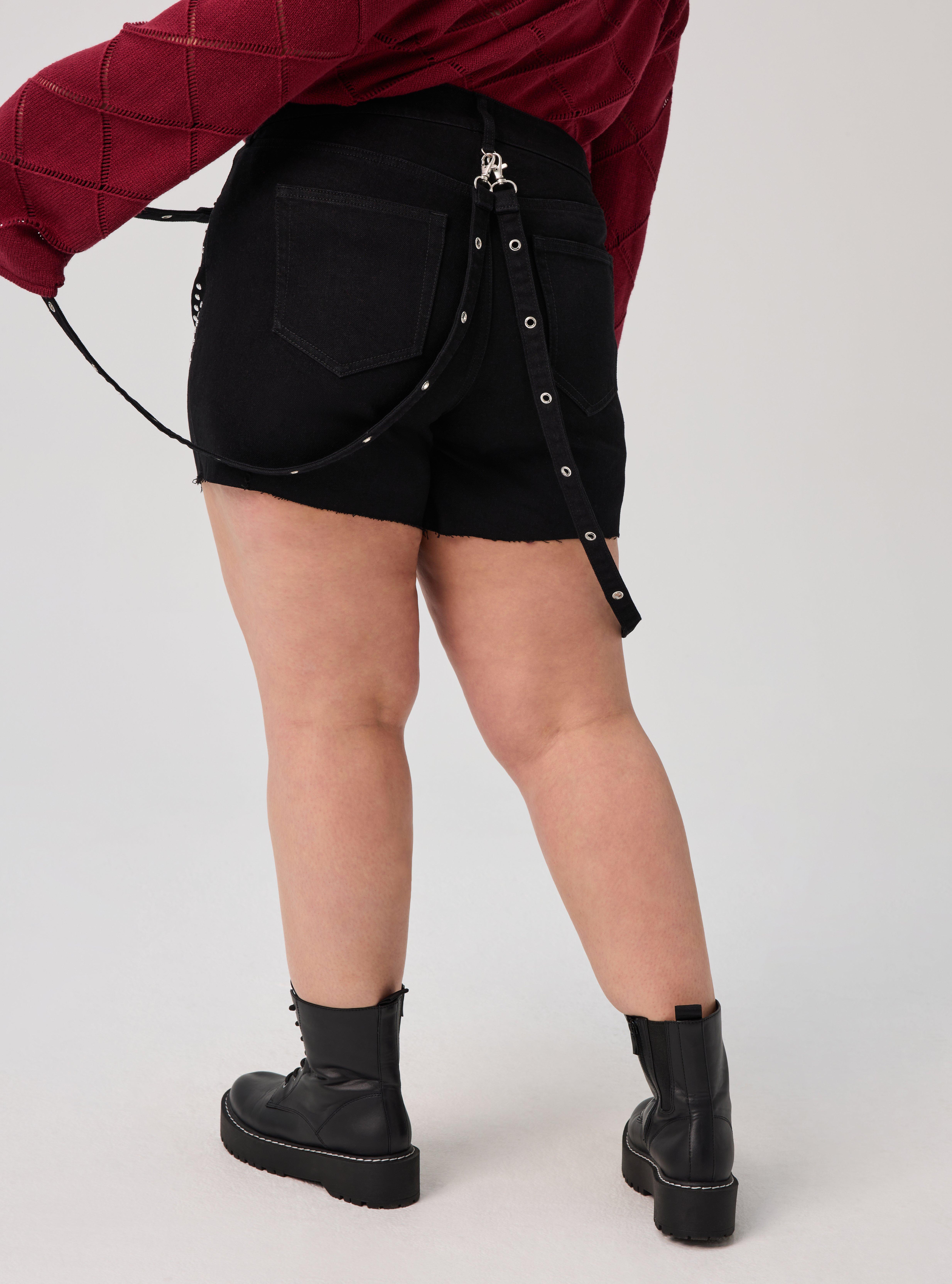 Nightfall Studded Strappy Denim Shorts, BLACK, alternate