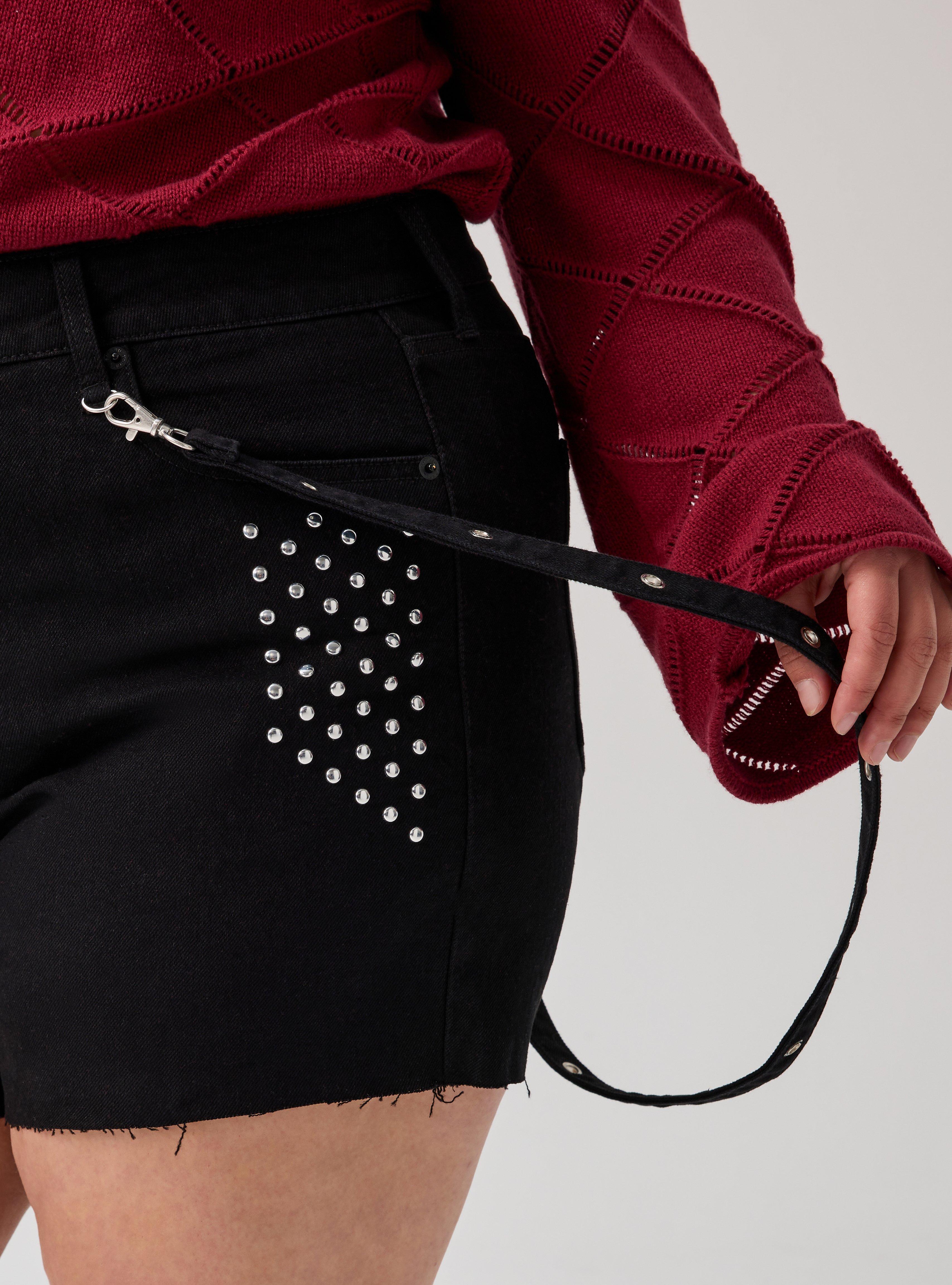 Nightfall Studded Strappy Denim Shorts, BLACK, alternate