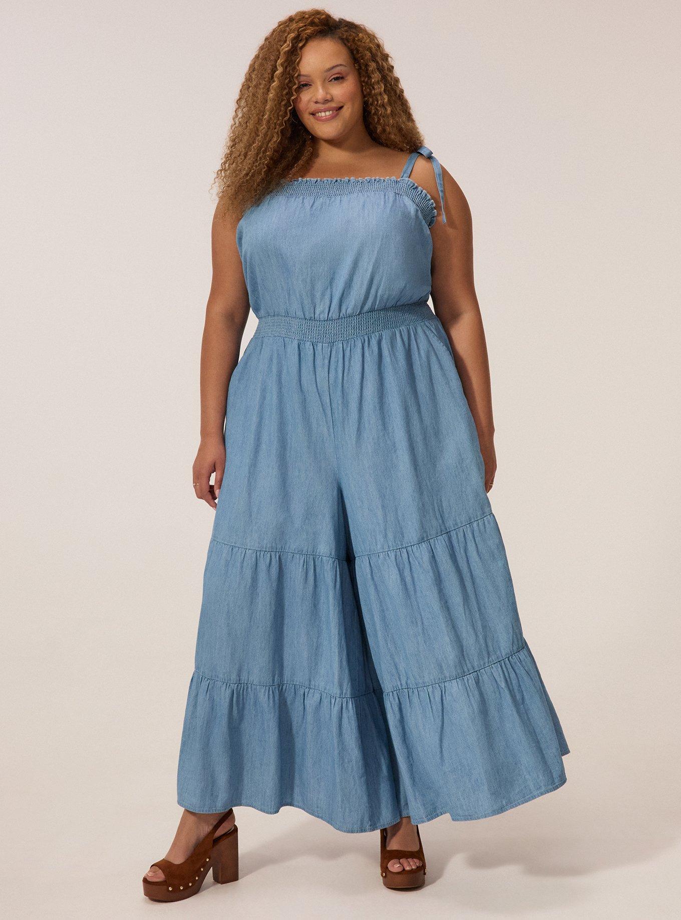 Festi Tie Shoulder Chambray Jumpsuit, LIGHT WASH, hi-res