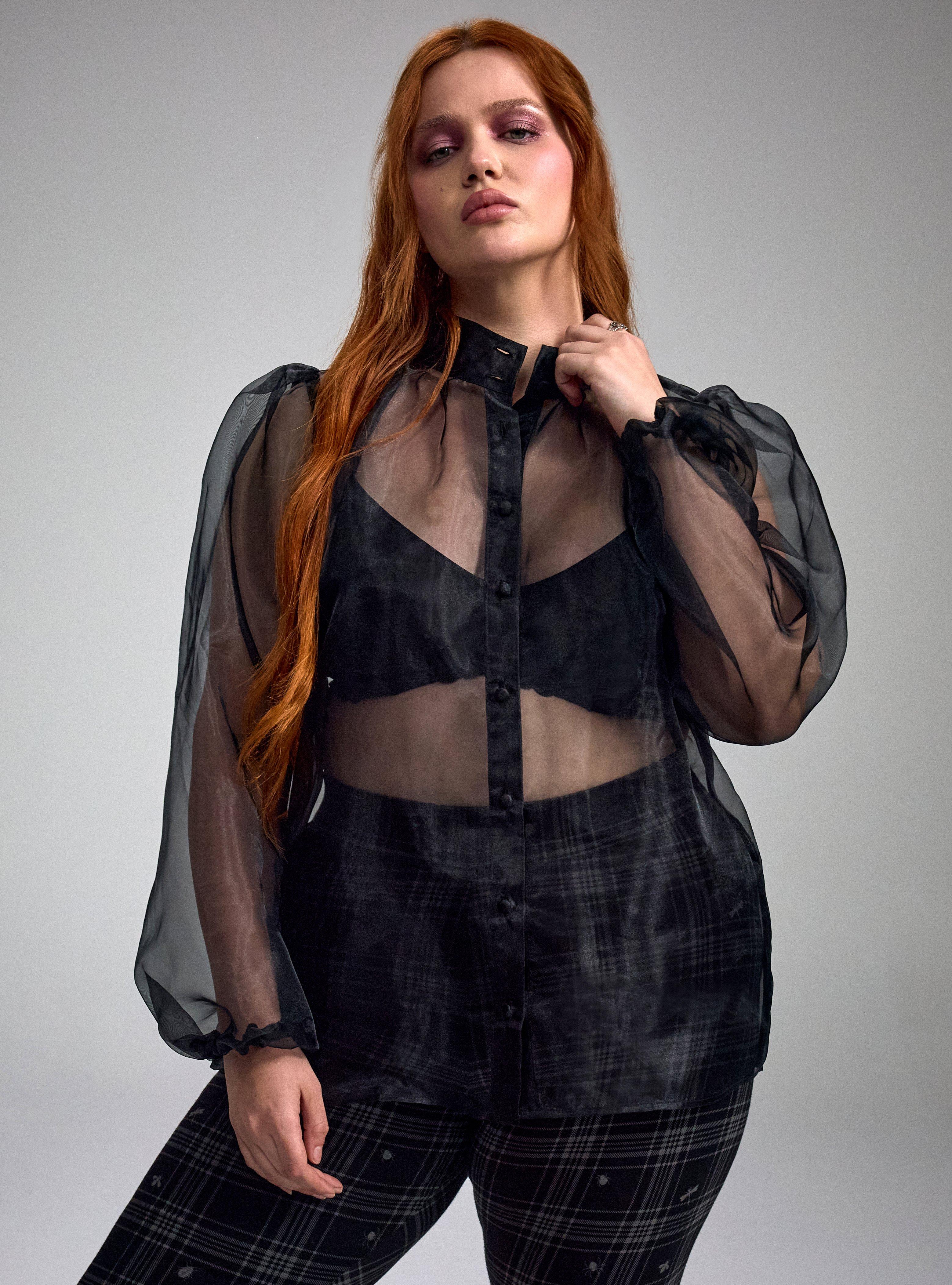 Nightfall High Neck Button Up Organza Top, DEEP BLACK, alternate