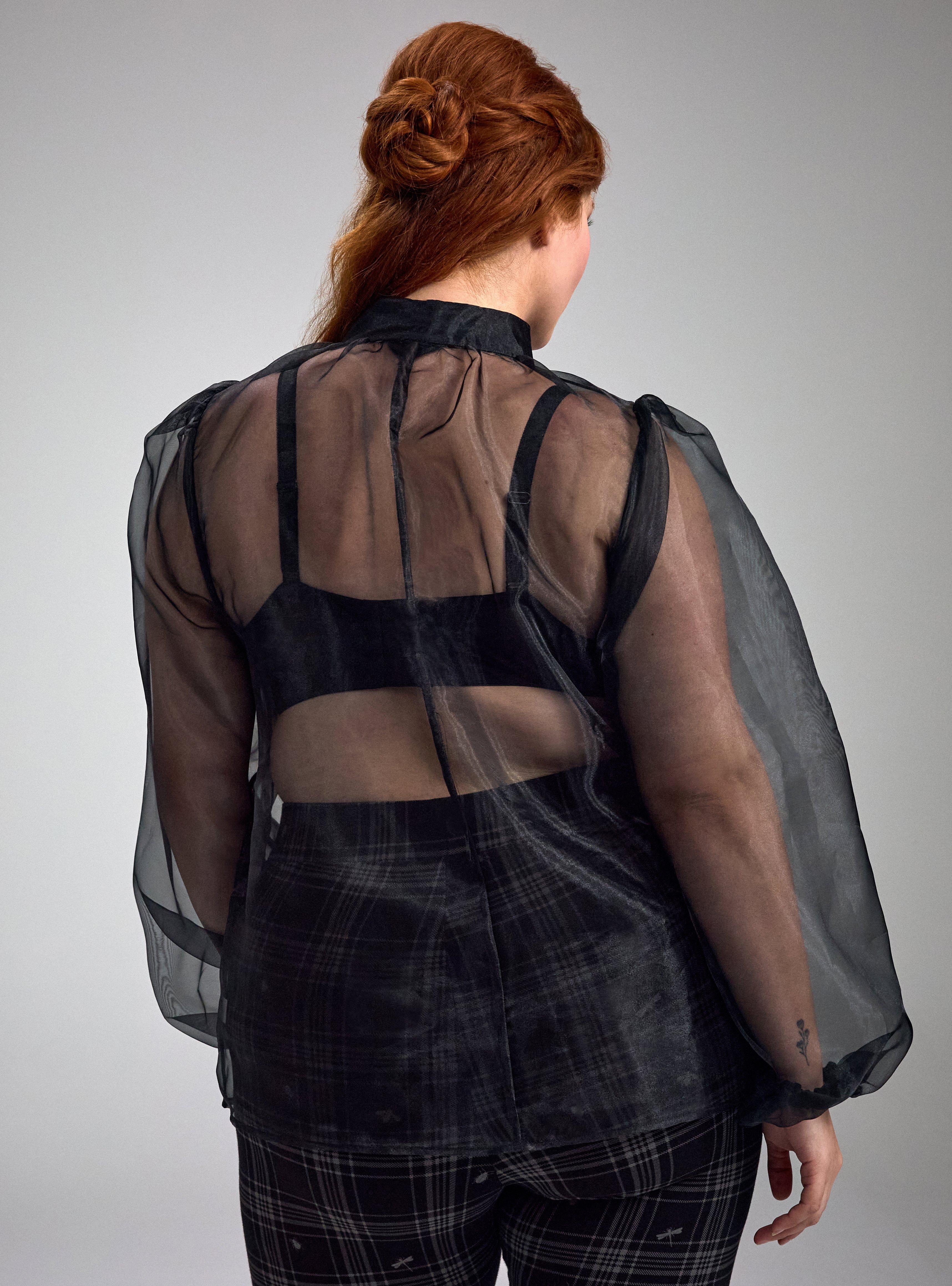 Nightfall High Neck Button Up Organza Top, DEEP BLACK, alternate