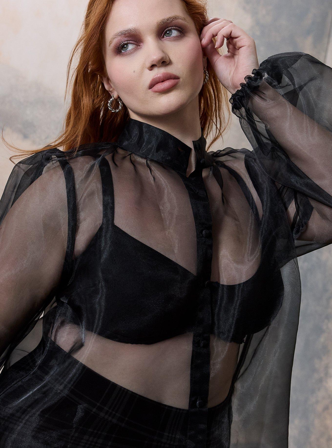Nightfall High Neck Button Up Organza Top, DEEP BLACK, alternate