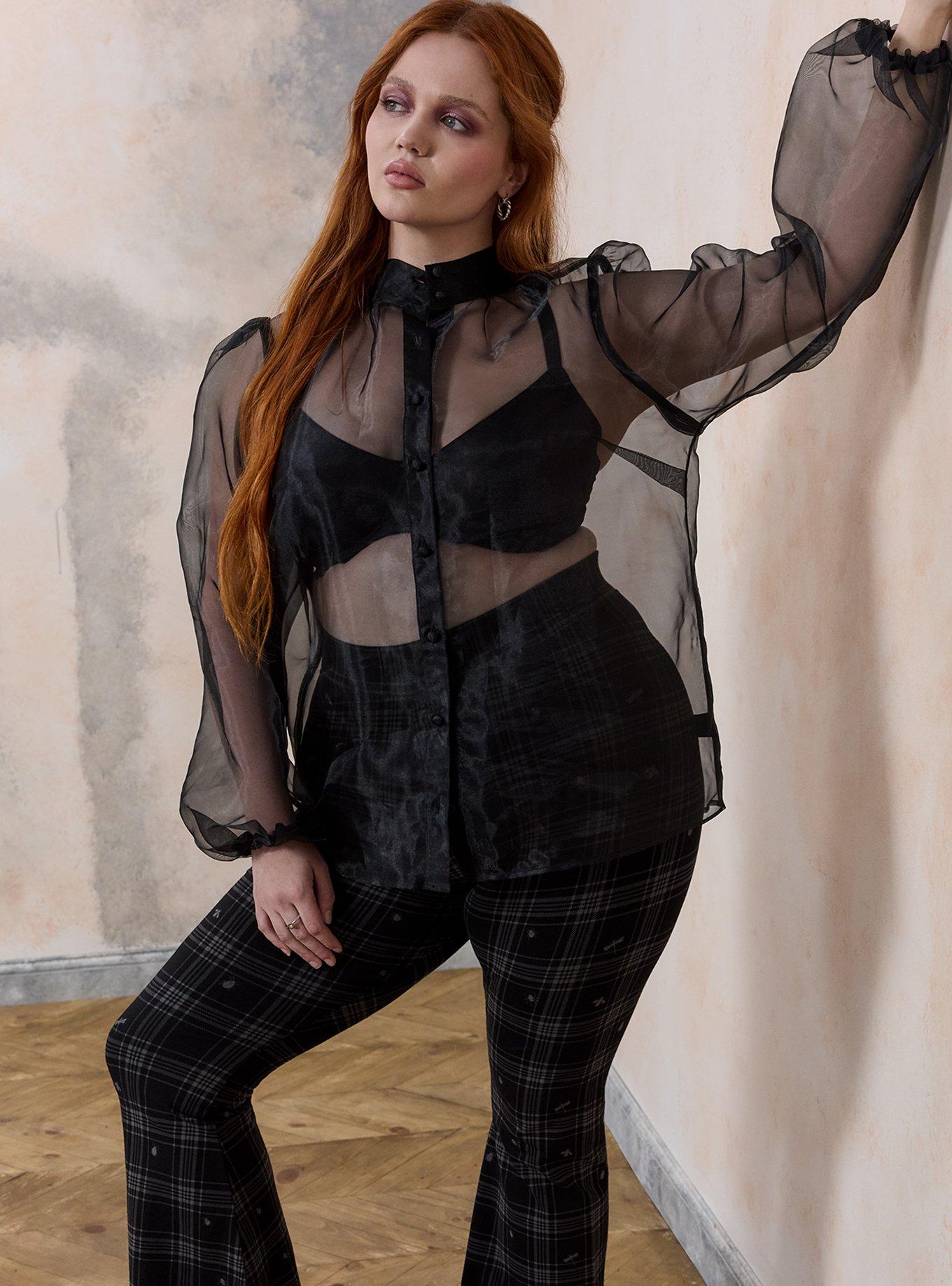 Nightfall High Neck Button Up Organza Top, DEEP BLACK, hi-res