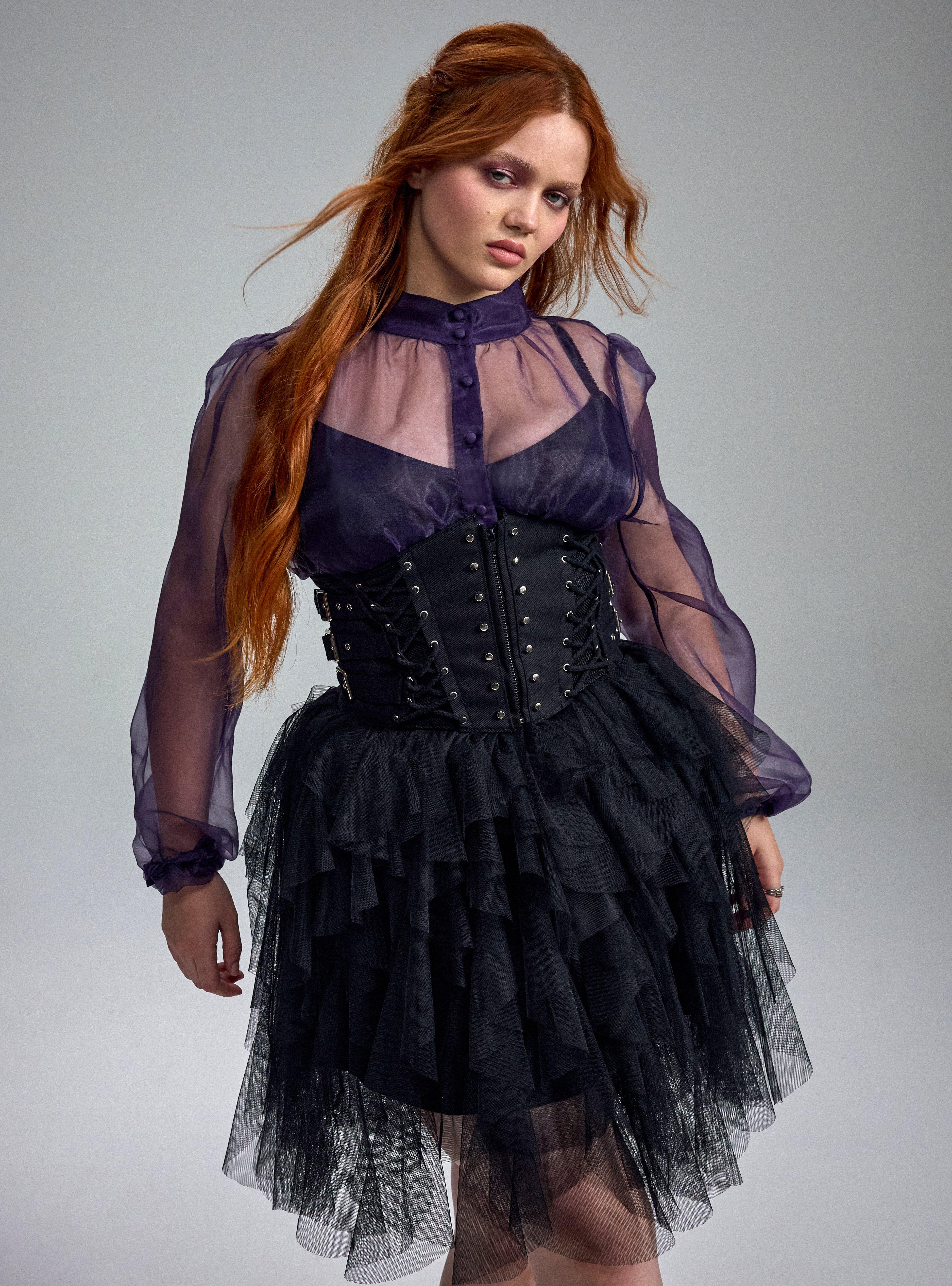Nightfall High Neck Button Up Organza Top, GOTHIC GRAPE, alternate