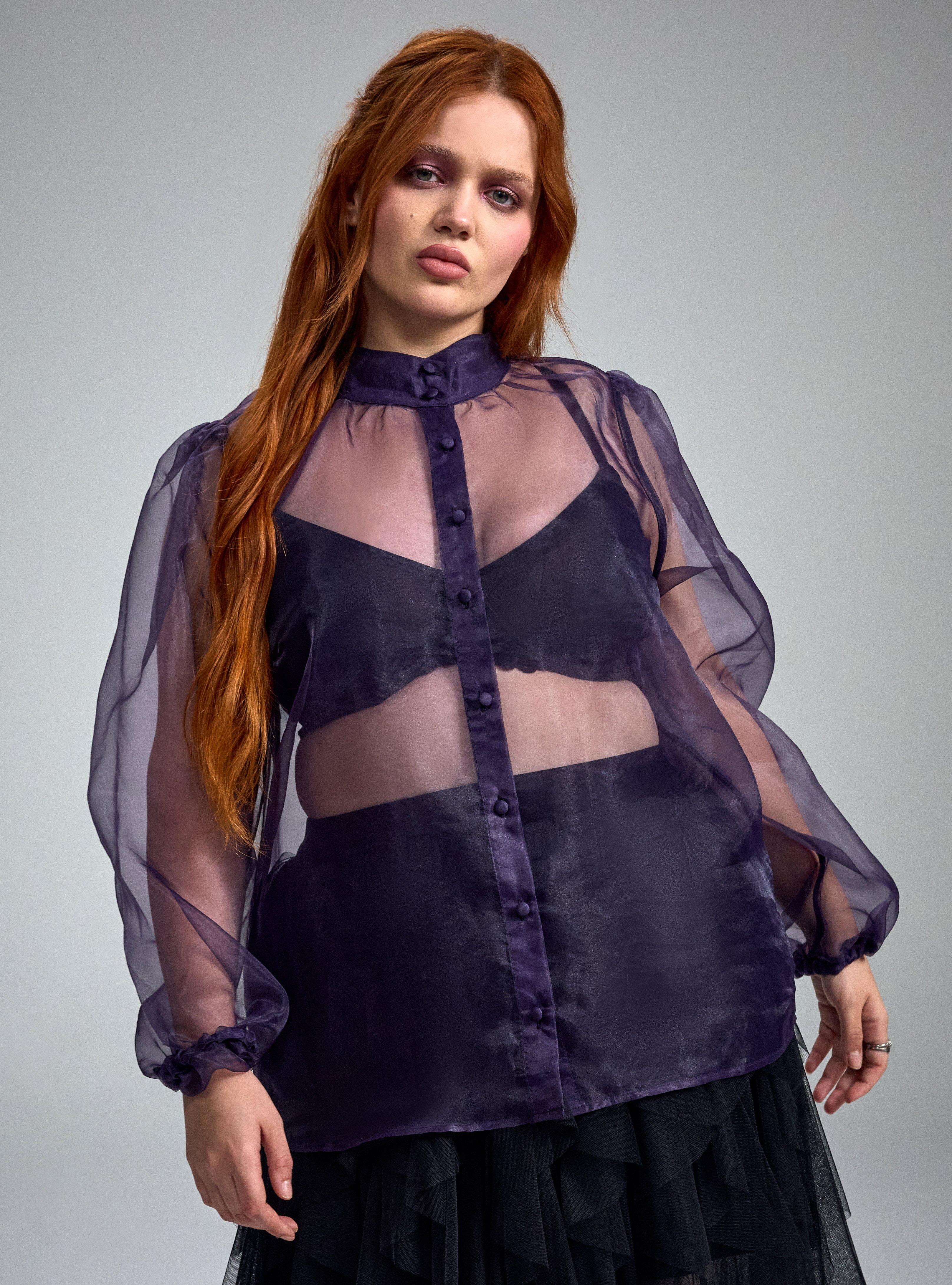 Nightfall High Neck Button Up Organza Top, GOTHIC GRAPE, hi-res