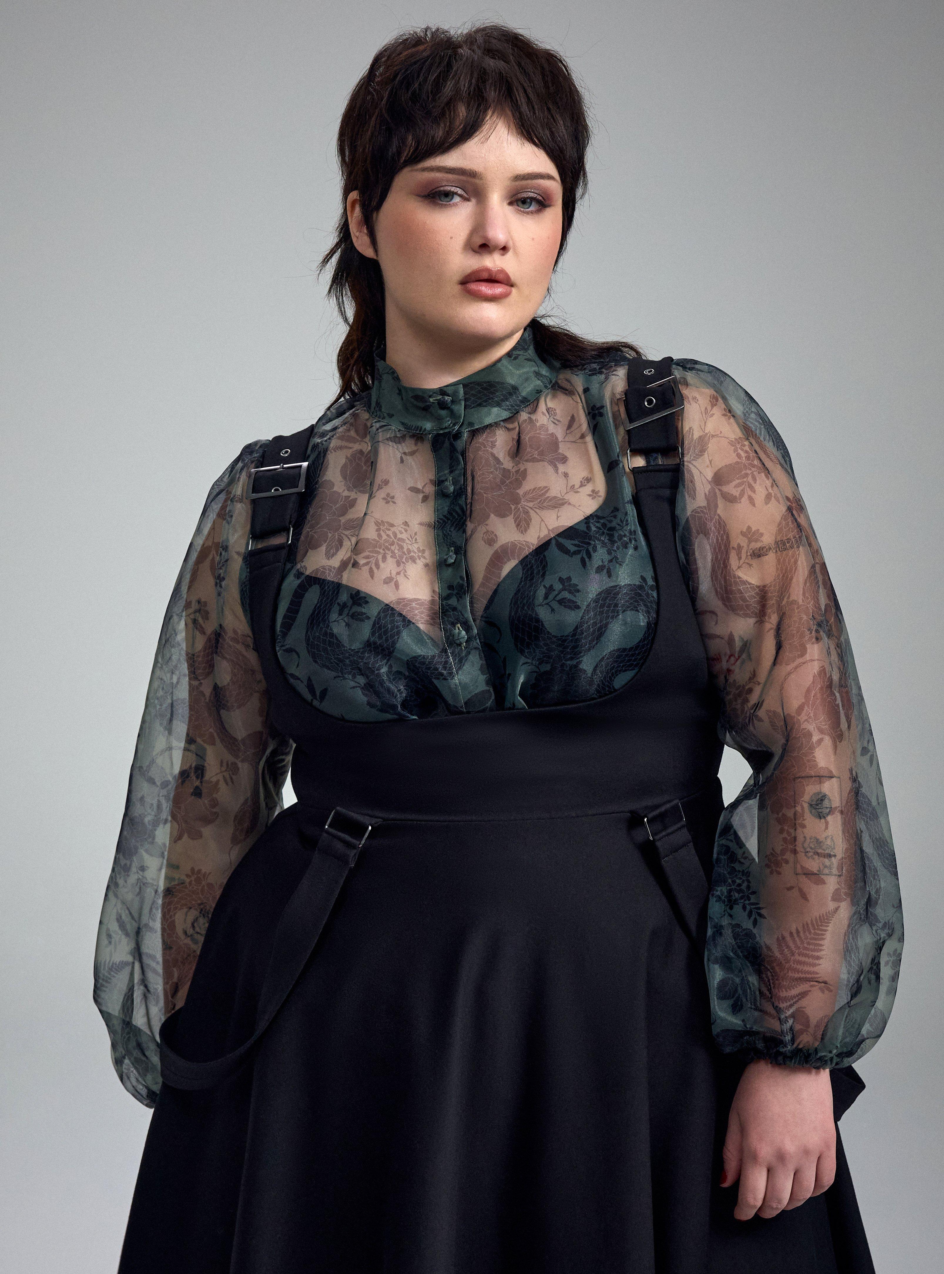 Nightfall High Neck Button Up Organza Top, SNAKE FLORAL GREEN, alternate