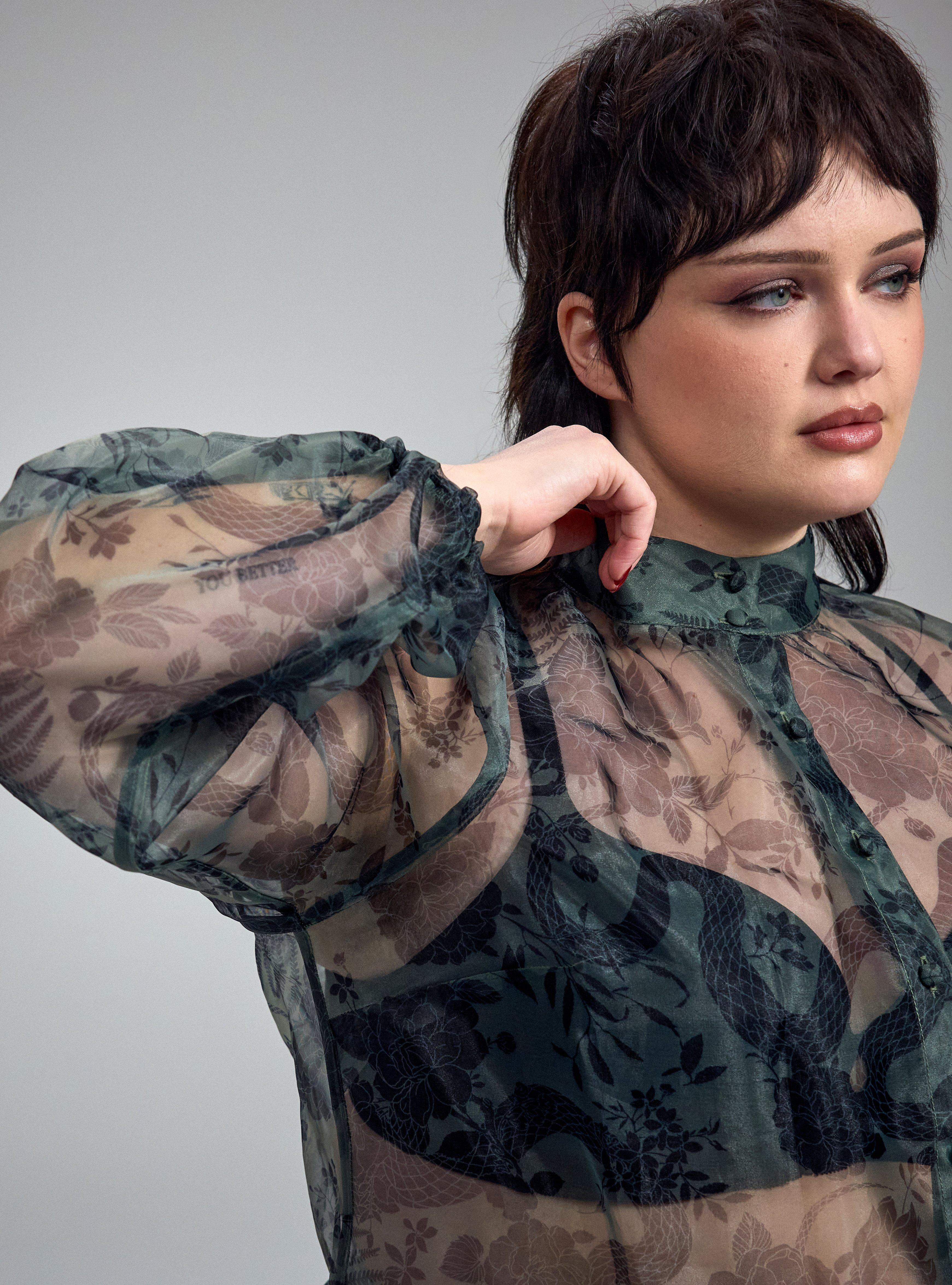 Nightfall High Neck Button Up Organza Top, SNAKE FLORAL GREEN, alternate