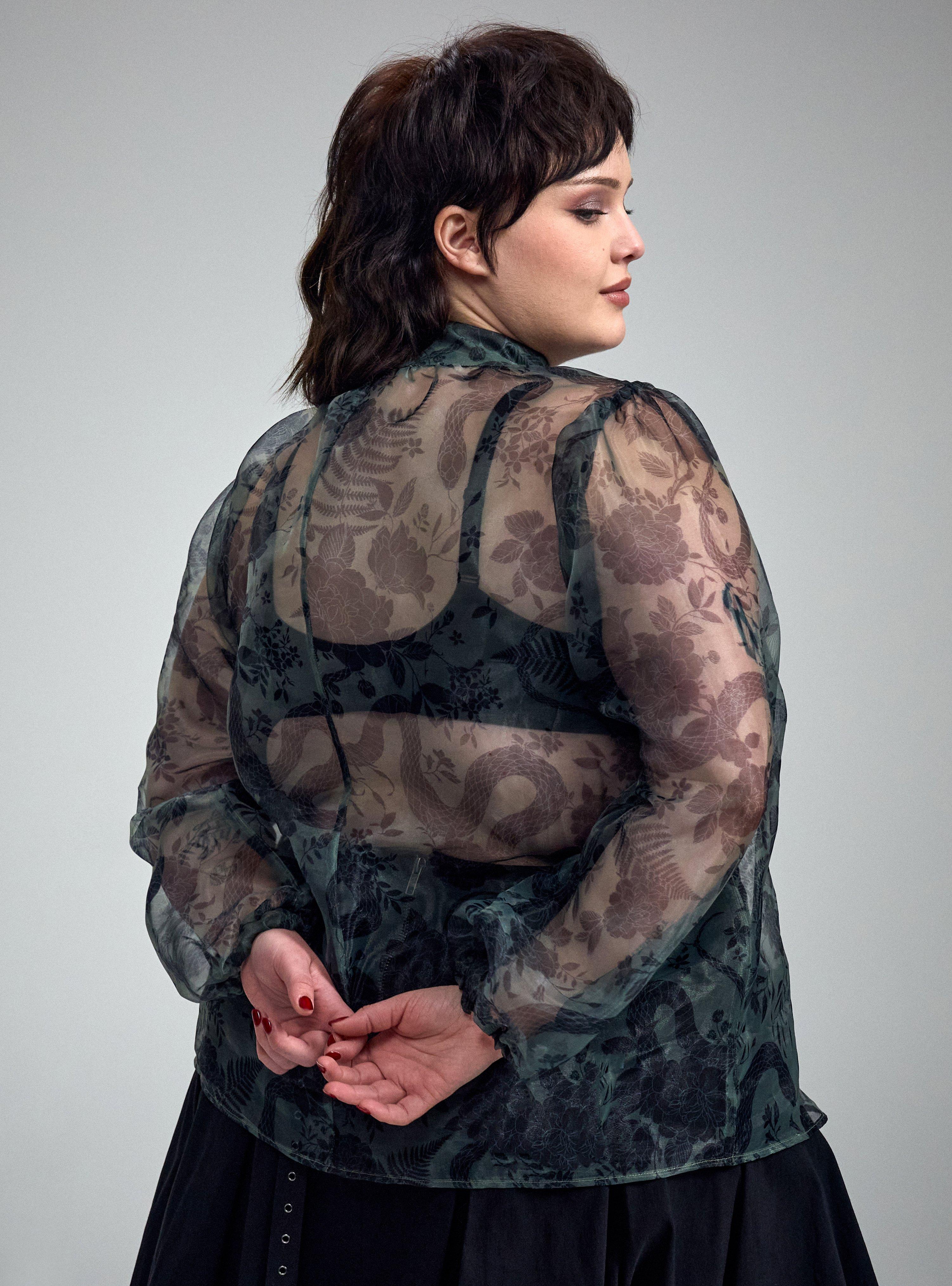 Nightfall High Neck Button Up Organza Top, SNAKE FLORAL GREEN, alternate