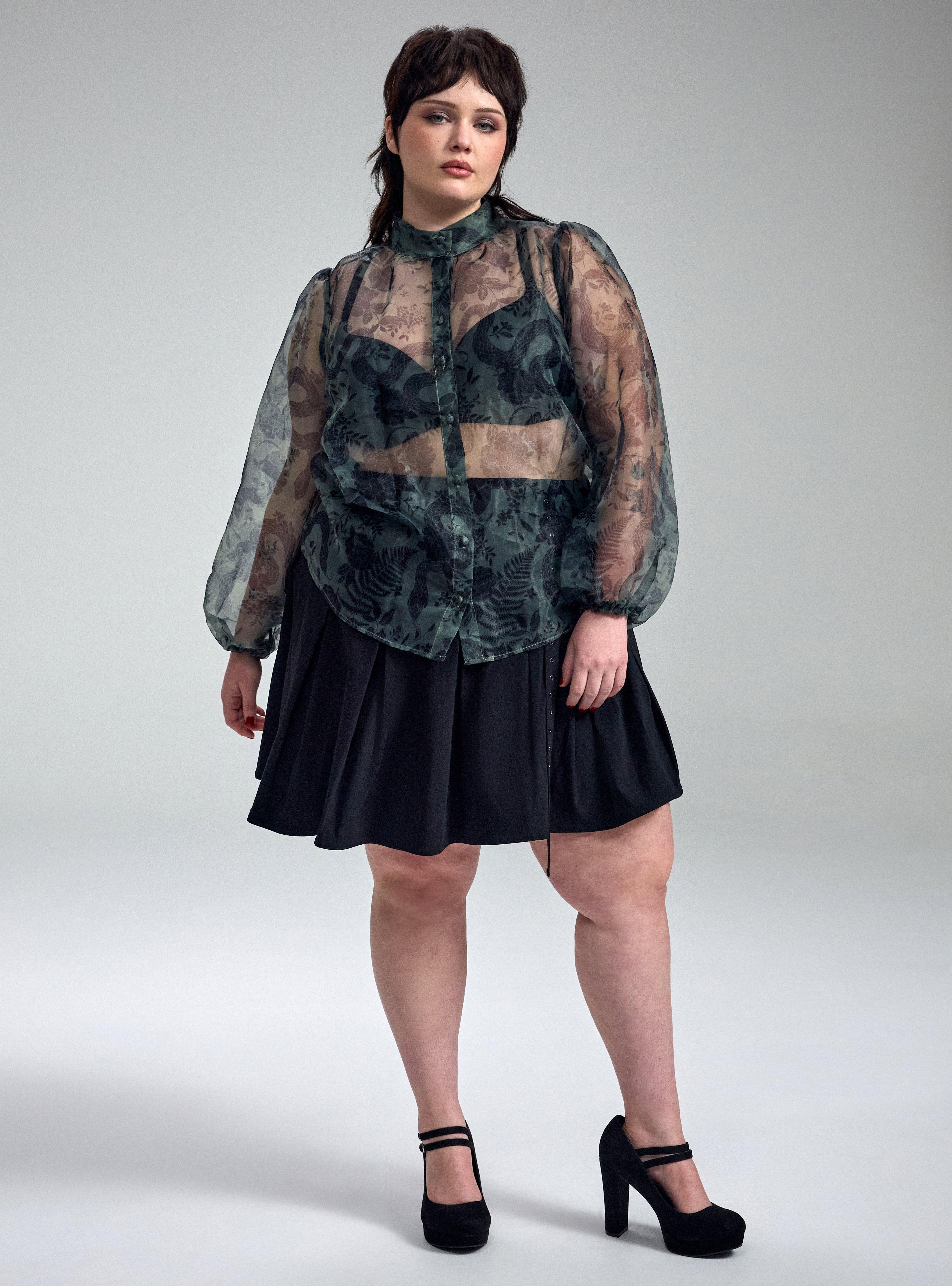 Nightfall High Neck Button Up Organza Top, SNAKE FLORAL GREEN, alternate