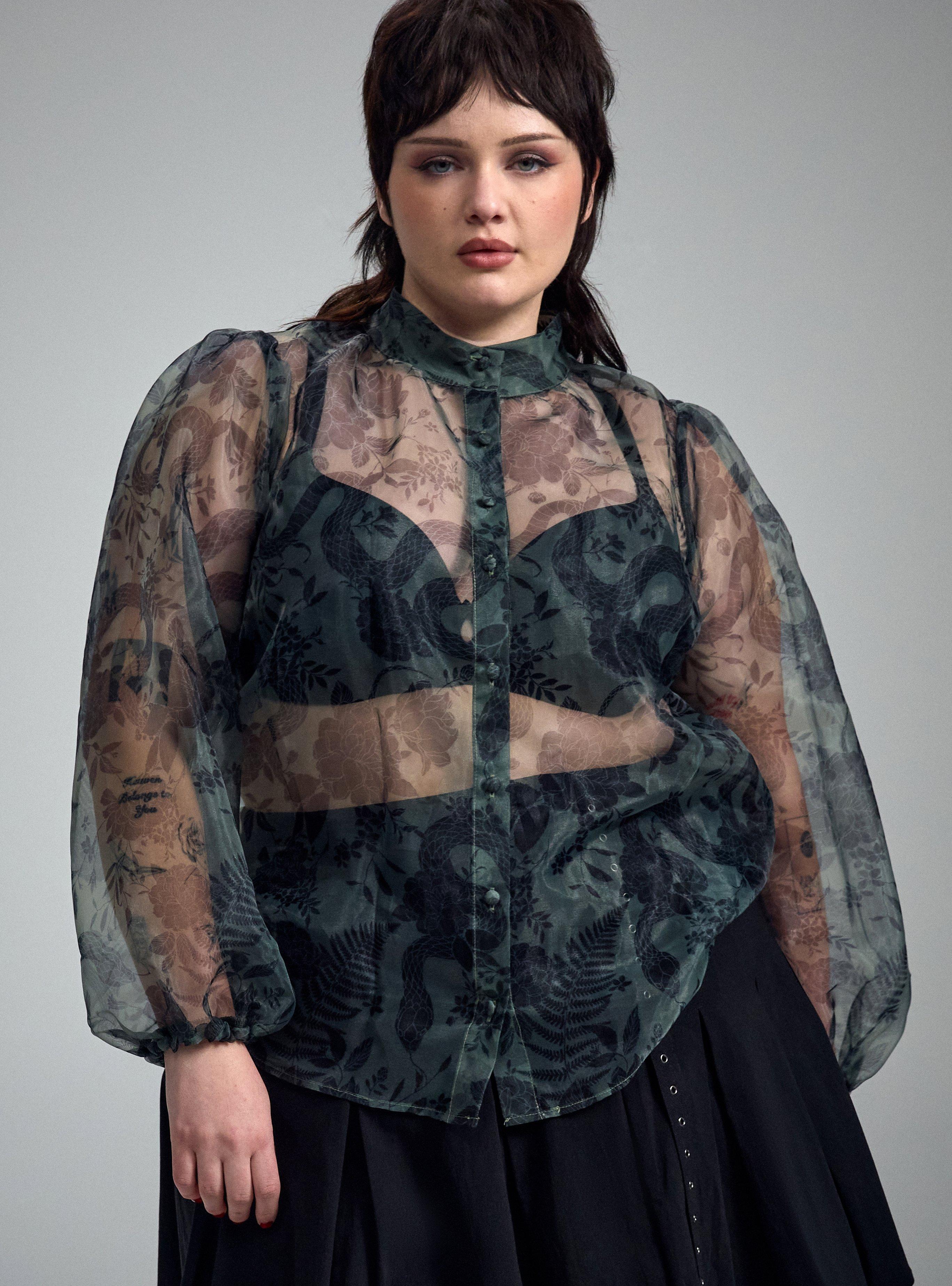 Nightfall High Neck Button Up Organza Top, SNAKE FLORAL GREEN, hi-res